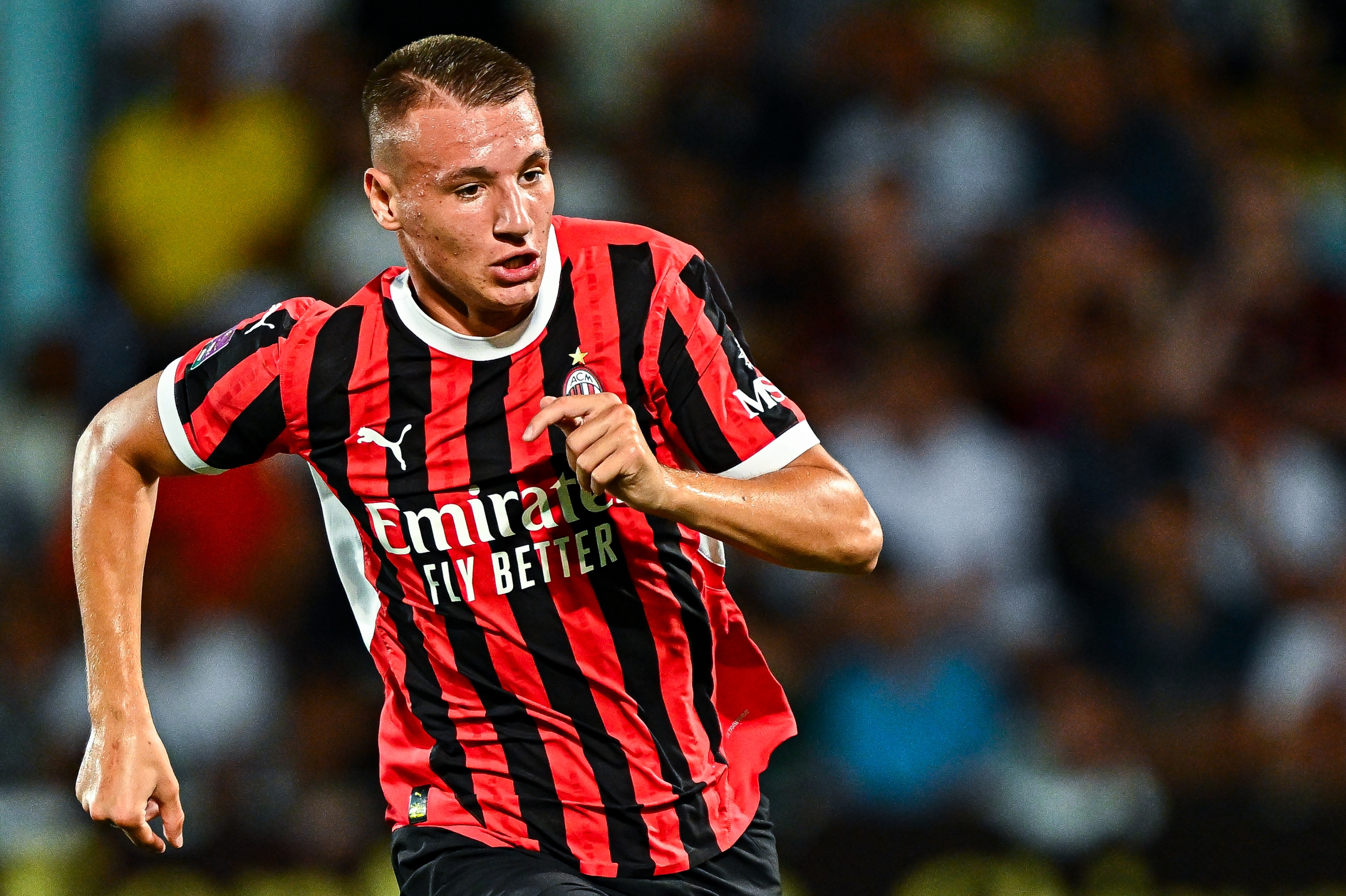 CHIAVARI, ITALY - AUGUST 25: Francesco Camarda of Milan Futuro is seen in action during the Serie C match between Virtus Entella and Milan Futuro at Stadio Comunale on August 25, 2024 in Chiavari, Italy. (Photo by AC Milan/AC Milan via Getty Images)