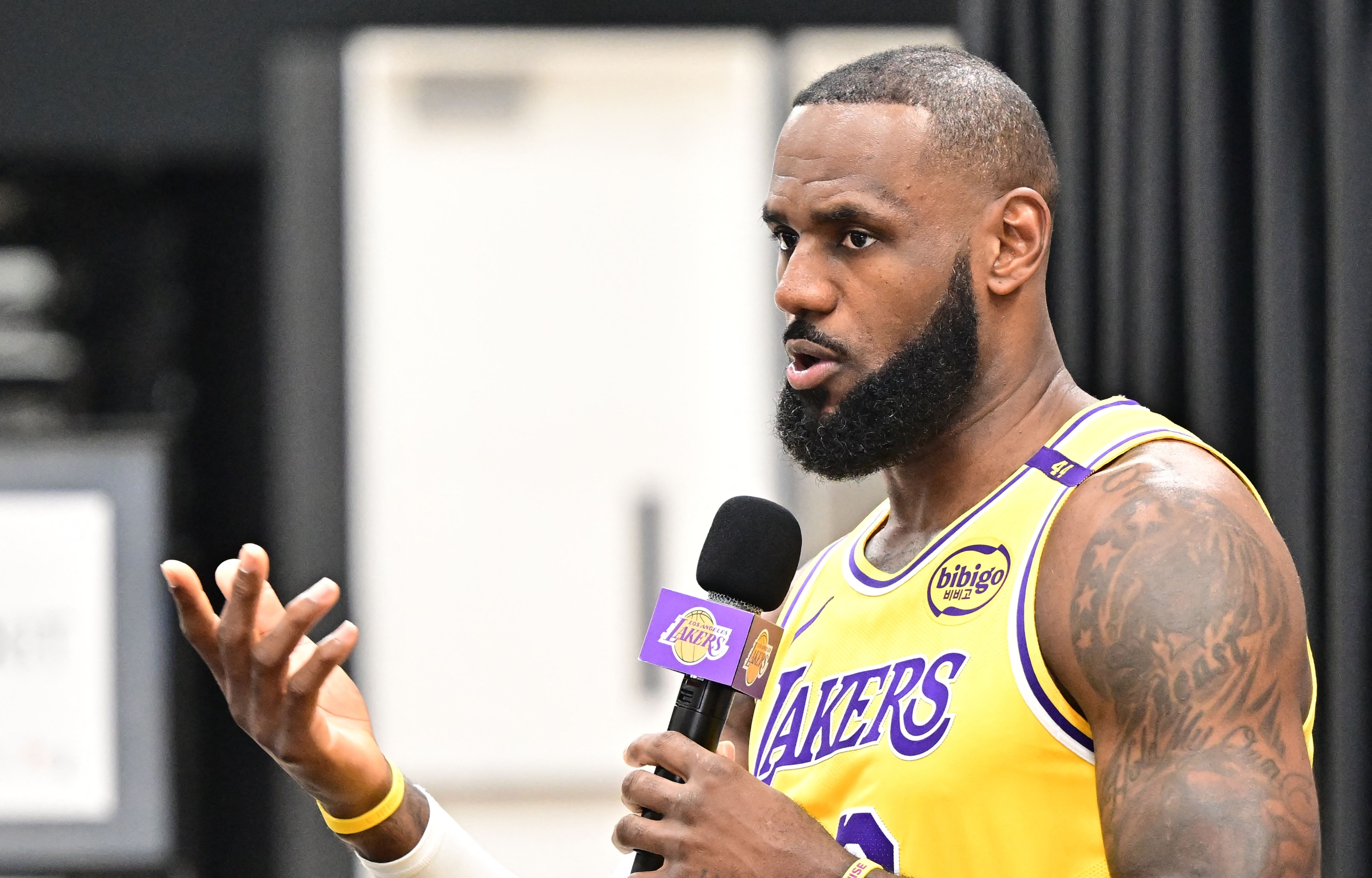 Los Angeles Lakers #23 LeBron James speaks to the press during the Lakers media day at UCLA Health Training Center in El Segundo, California, September 30, 2024. (Photo by Frederic J. BROWN / AFP)