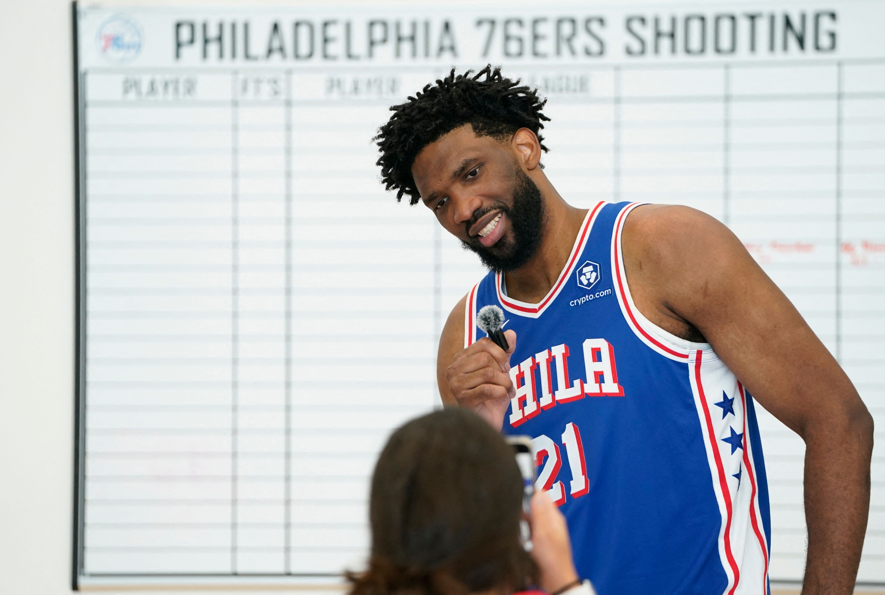 Philadelphia 76ers center Joel Embiid attends the 76ers media day ahead of the NBA season at the 76ers Training Complex in Camden, New Jersey, September 30, 2024. (Photo by TIMOTHY A. CLARY / AFP)