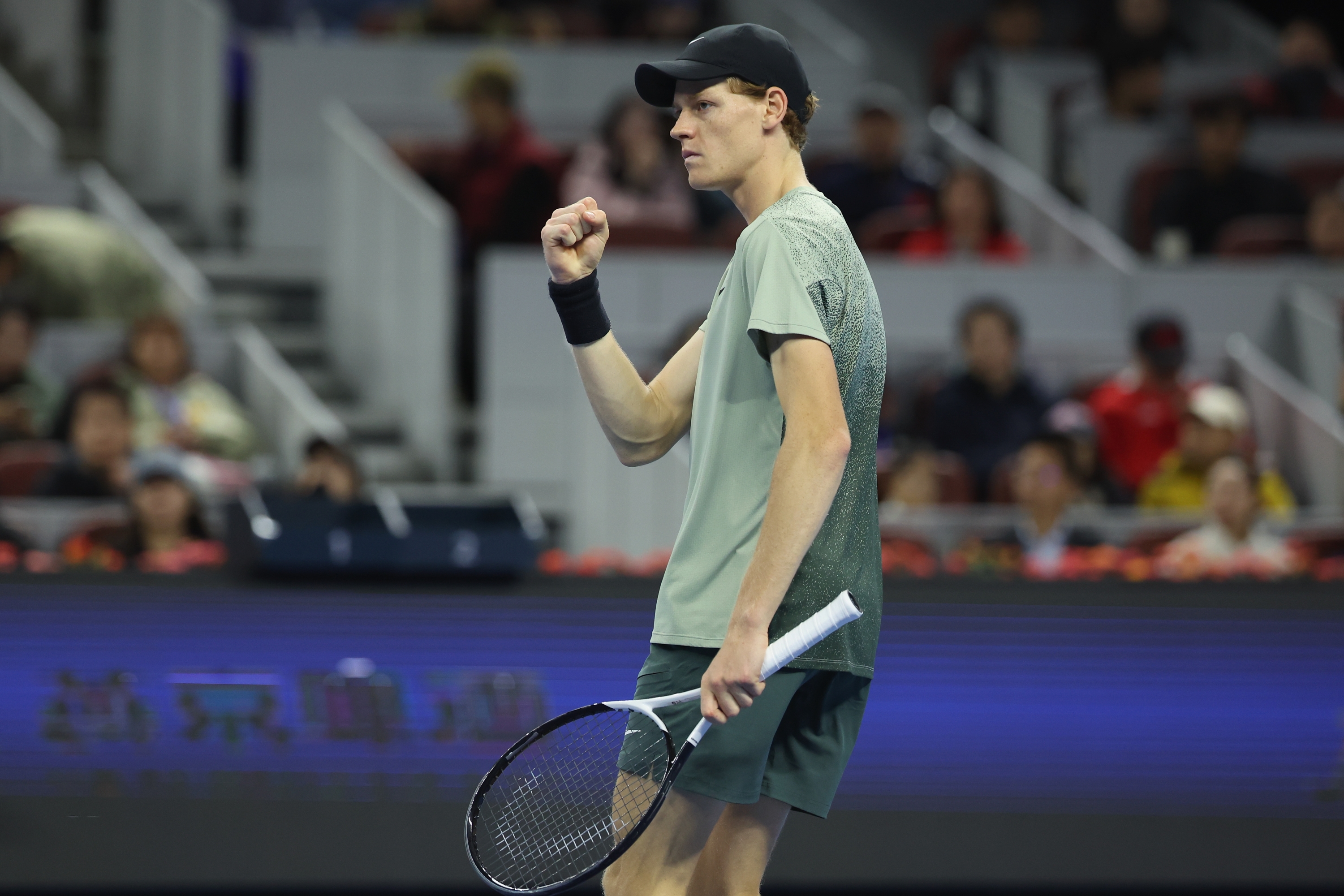 BEIJING, CHINA - OCTOBER 02: Jannik Sinner of Italy reacts in the Men's singles final match against Carlos Alcaraz of Spain on Day 10 of the China Open at National Tennis Center on October 02, 2024 in Beijing, China. (Photo by Lintao Zhang/Getty Images)