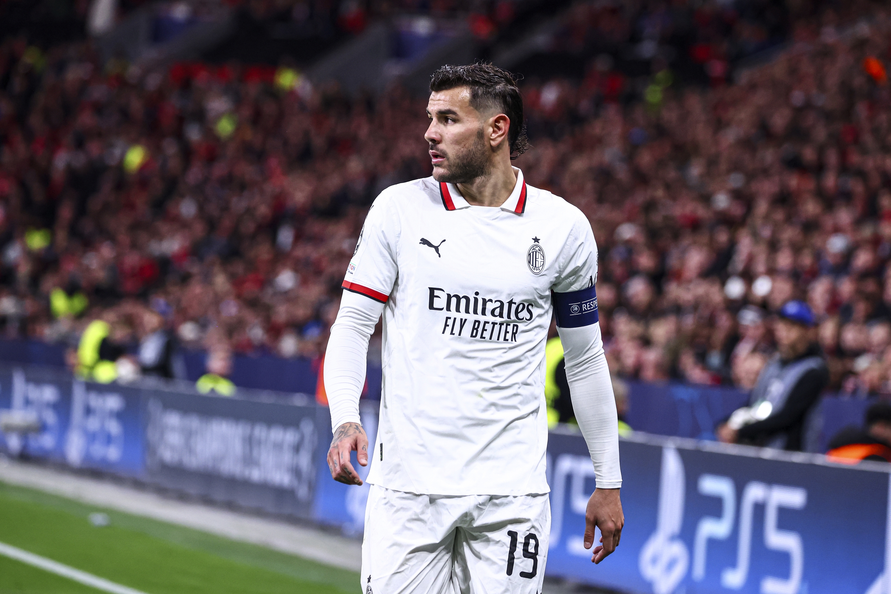 LEVERKUSEN, GERMANY - OCTOBER 01: Theo Hernandez of AC Milan looks on during the UEFA Champions League 2024/25 League Phase MD2 match between Bayer 04 Leverkusen and AC Milan at BayArena on October 01, 2024 in Leverkusen, Germany. (Photo by Giuseppe Cottini/AC Milan via Getty Images)