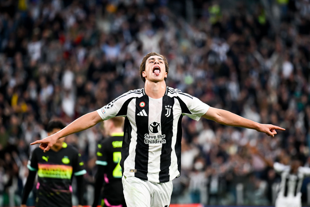 TURIN, ITALY - SEPTEMBER 17: Kenan Yildiz of Juventus celebrates after scoring his team's first goal during the UEFA Champions League 2024/25 League Phase MD1 match between Juventus and PSV Eindhoven at Juventus Stadium on September 17, 2024 in Turin, Italy. (Photo by Daniele Badolato - Juventus FC/Juventus FC via Getty Images)