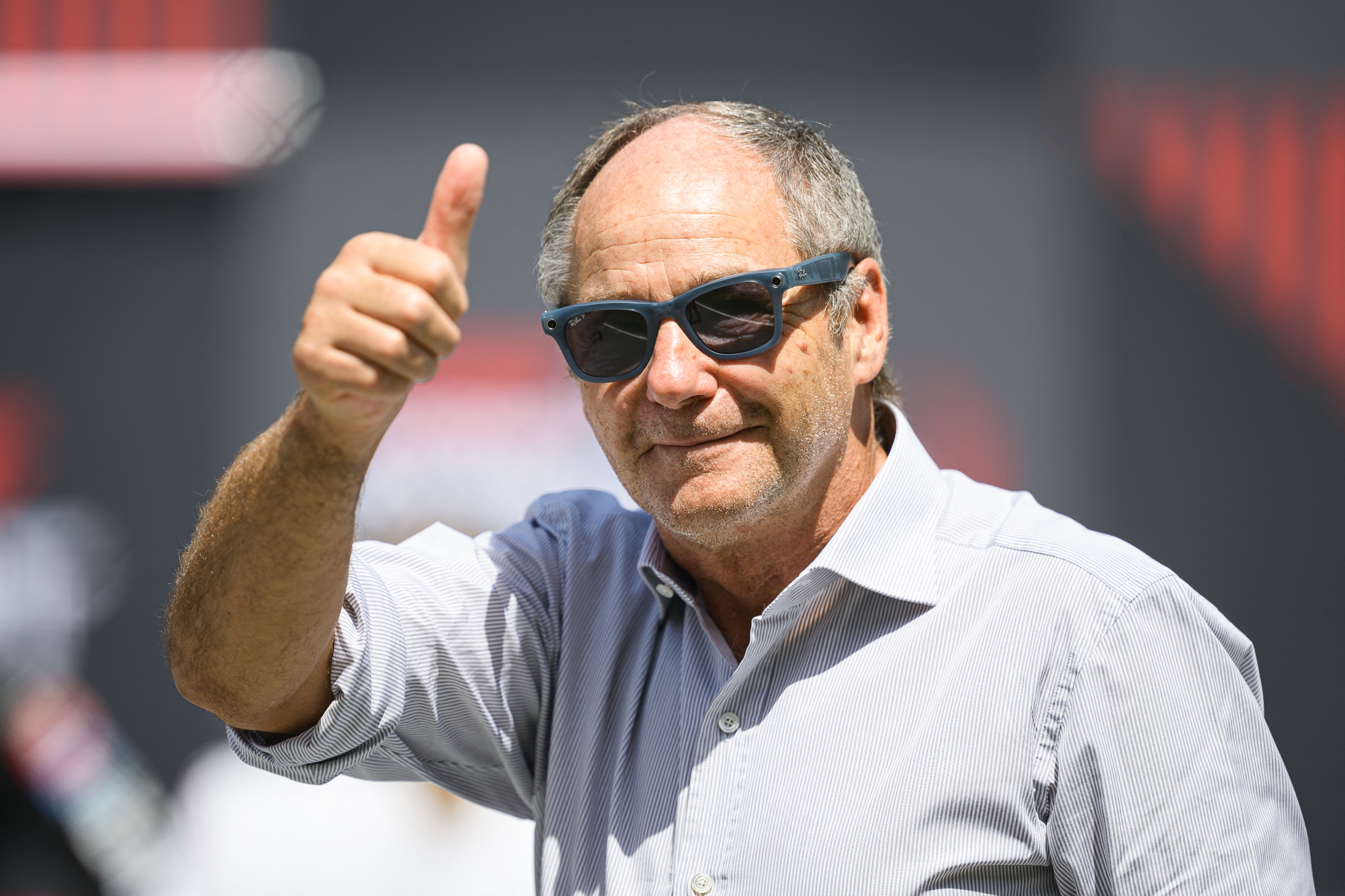 Austrian former F1 racing driver Gerhard Berger gestures after the sprint session on the Red Bull Ring race track in Spielberg, Austria, on June 29, 2024, ahead of the Formula One Austrian Grand Prix. (Photo by Jure Makovec / AFP)