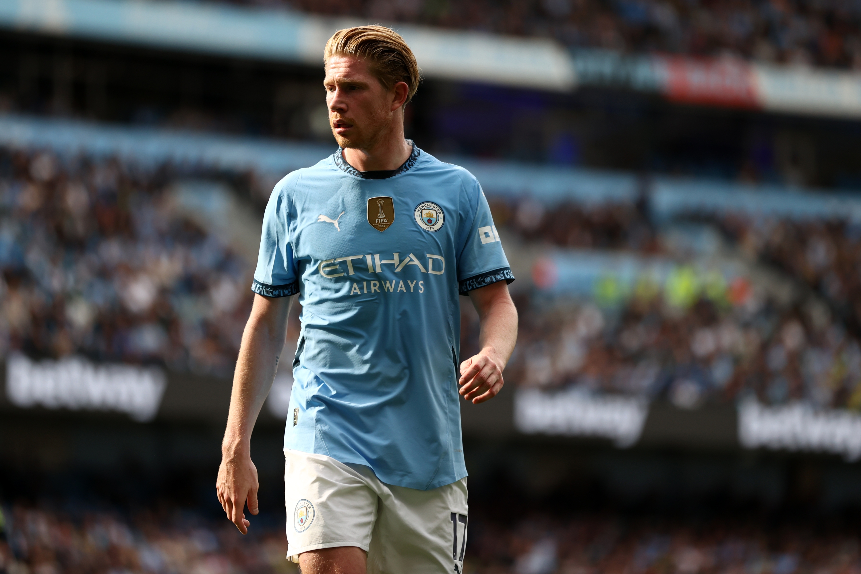  Kevin De Bruyne of Manchester City during the Premier League match between Manchester City FC and Brentford FC at Etihad Stadium on September 14, 2024 in Manchester, England. (Photo by Naomi Baker/Getty Images)