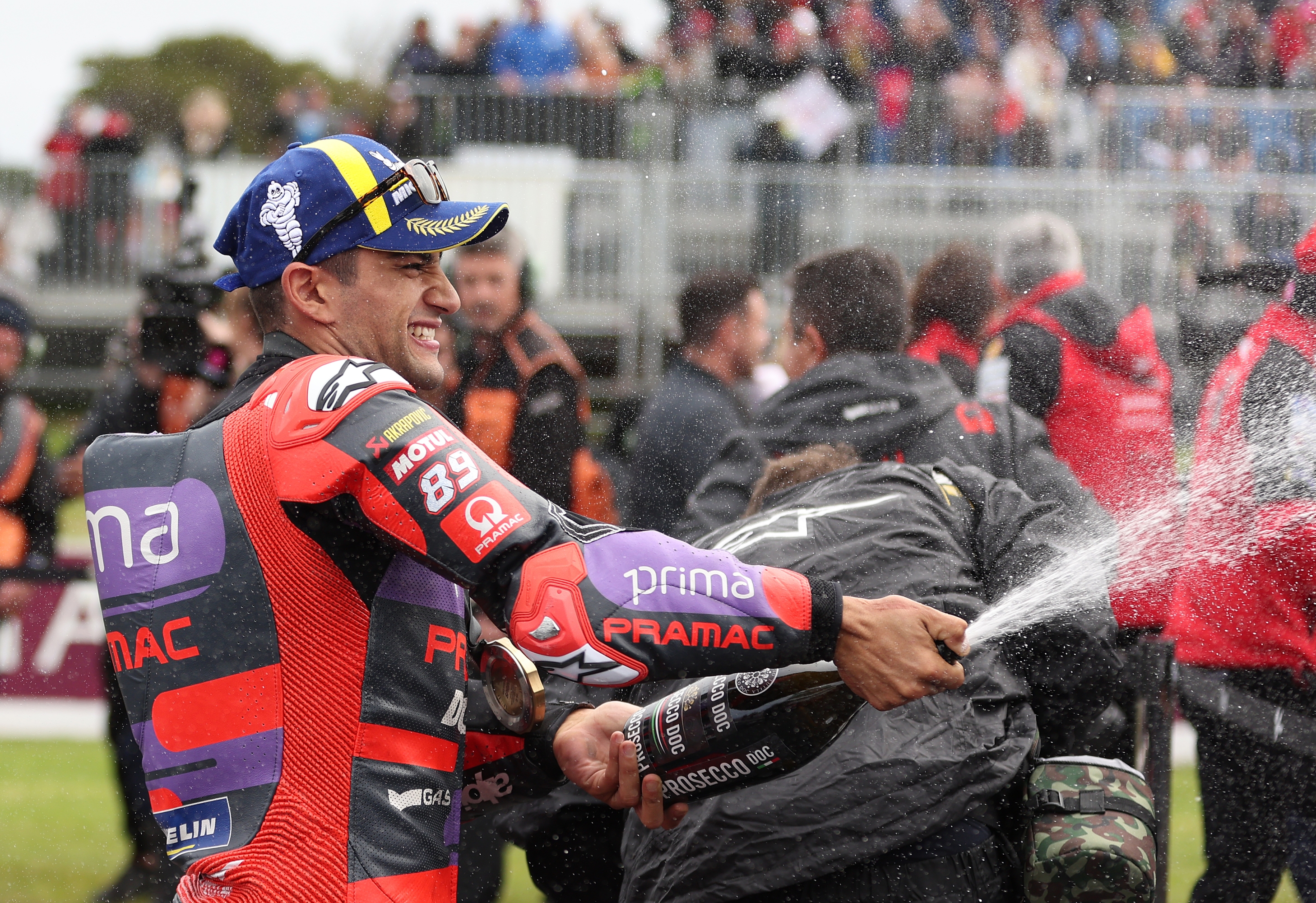  Jorge Martin of Spain and the #89 Prima Pramac Racing celebrates after winning the Tissot Sprint Race ahead of the MotoGP Of Australia at Phillip Island Grand Prix Circuit on October 19, 2024 in Phillip Island, Australia. (Photo by Robert Cianflone/Getty Images)