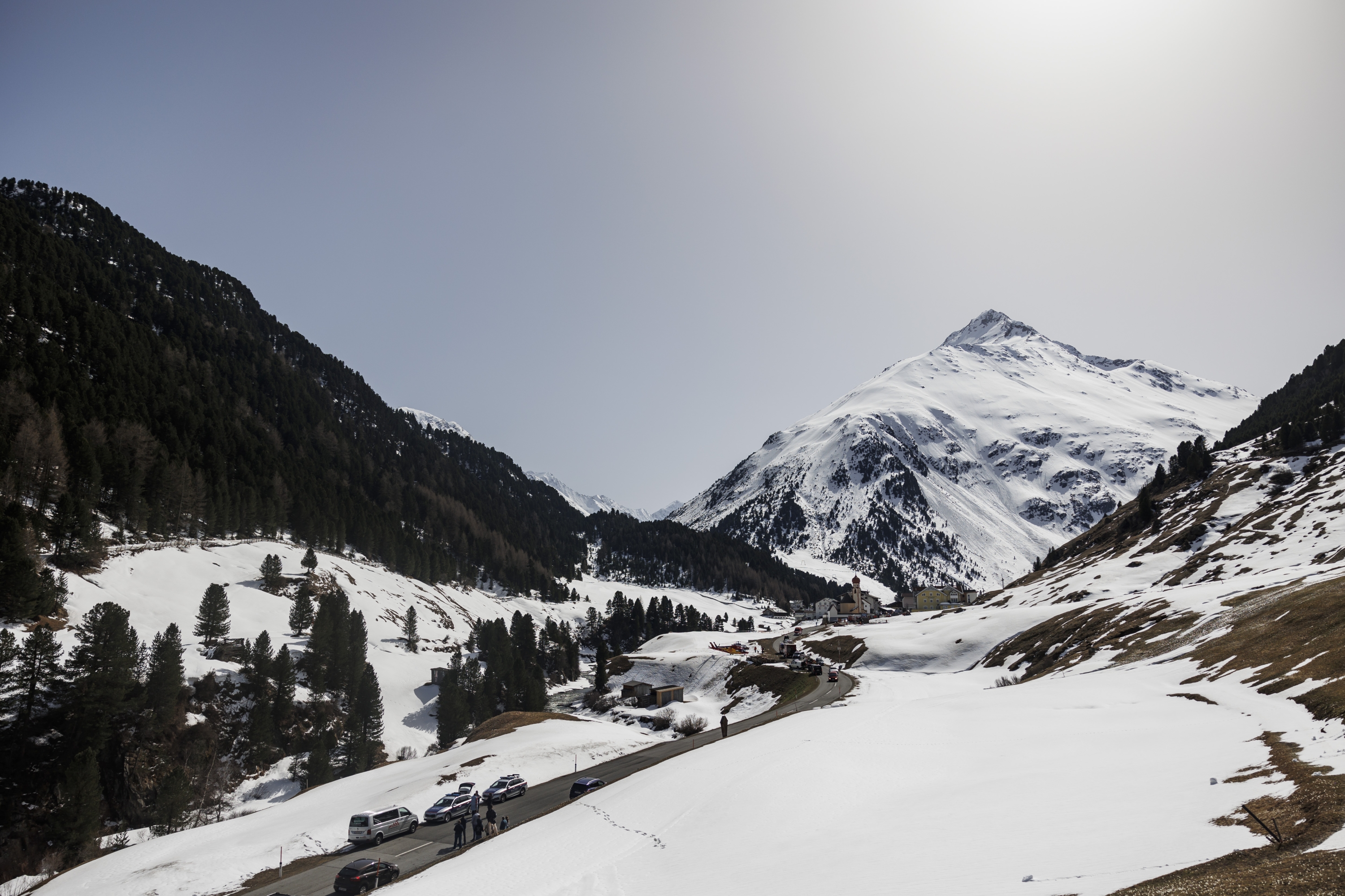 VENT, AUSTRIA - APRIL 11: The road to the village of Vent was closed by the police due to the rescue operation following an avalanche in the Oetztal valley on April 11, 2024 near Vent, Austria. According to initial reports three Dutch nationals are confirmed dead following the avalanche that occurred below the Martin Busch mountain hut earlier today in mountainous terrain at the end of the valley. (Photo by Jan Hetfleisch/Getty Images)