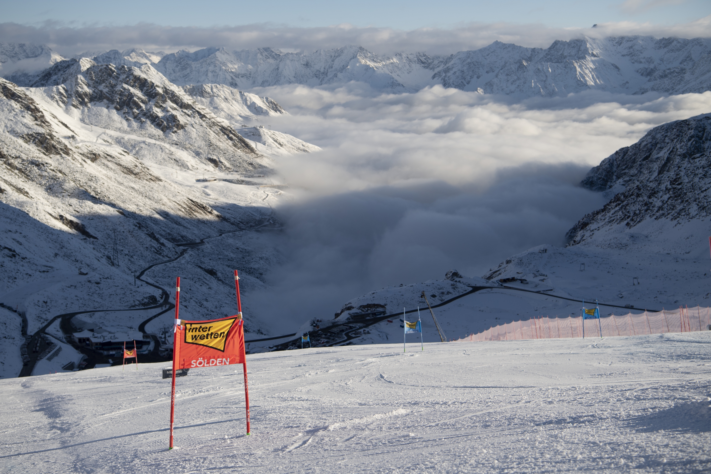 SOELDEN, AUSTRIA - OCTOBER 18: An overview of the Rettenbachferner in direction Stubai Alps prior the Men's Giant Slalom of the Audi FIS Alpine Ski World Cup on October 18, 2020 in Soelden, Austria. (Photo by Andreas Schaad/Getty Images)