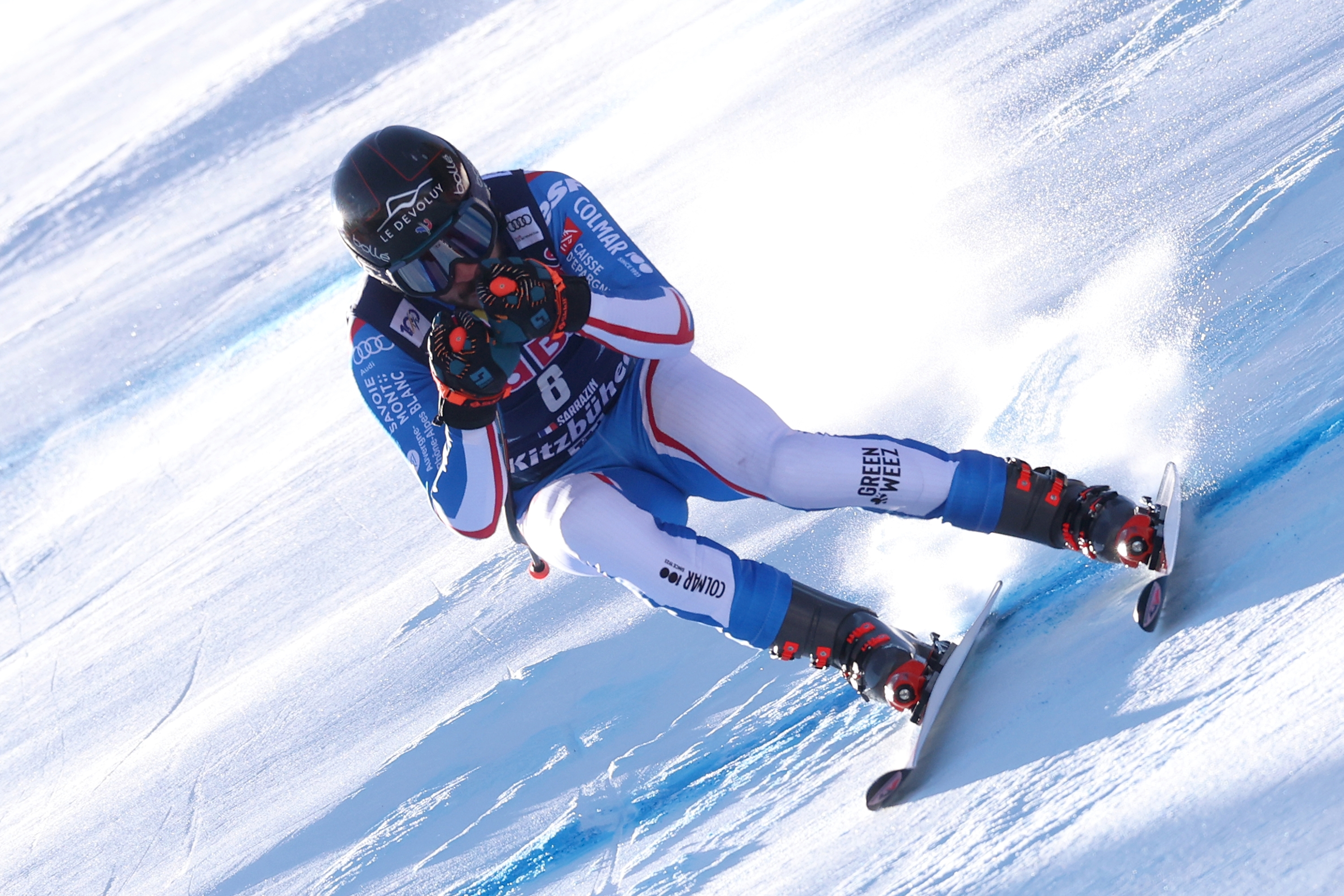 KITZBUEHEL, AUSTRIA - JANUARY 20: Cyprien Sarrazin of France competes during the Men's Downhill in the Audi FIS Alpine Ski World Cup on January 20, 2024 in Kitzbuehel, Austria. (Photo by Alexander Hassenstein/Getty Images)