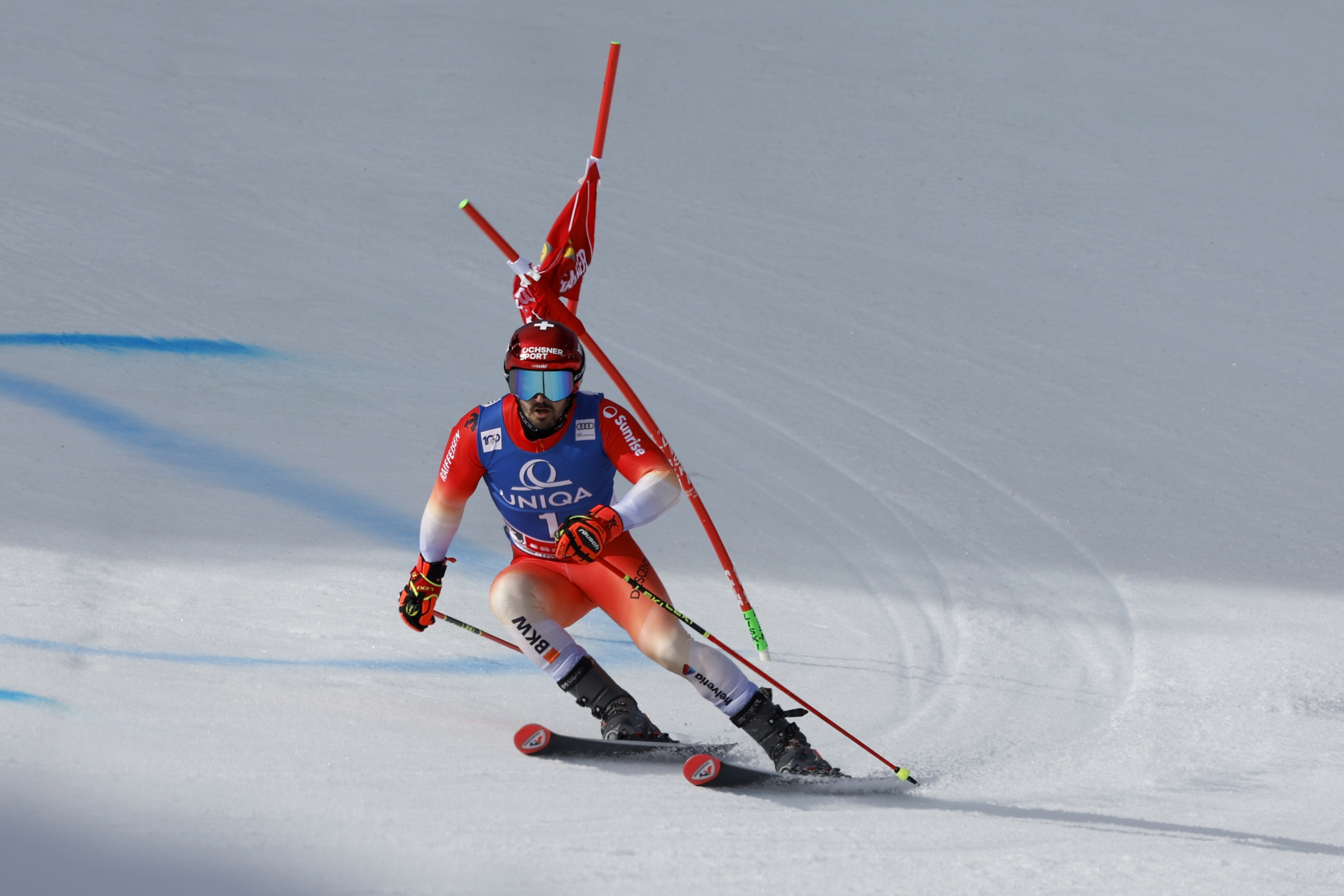 Switzerland's Loic Meillard competes during the first run of an alpine ski, men's World Cup giant slalom race, in Saalbach, Austria, Saturday, March 16, 2024. (AP Photo/Alessandro Trovati)