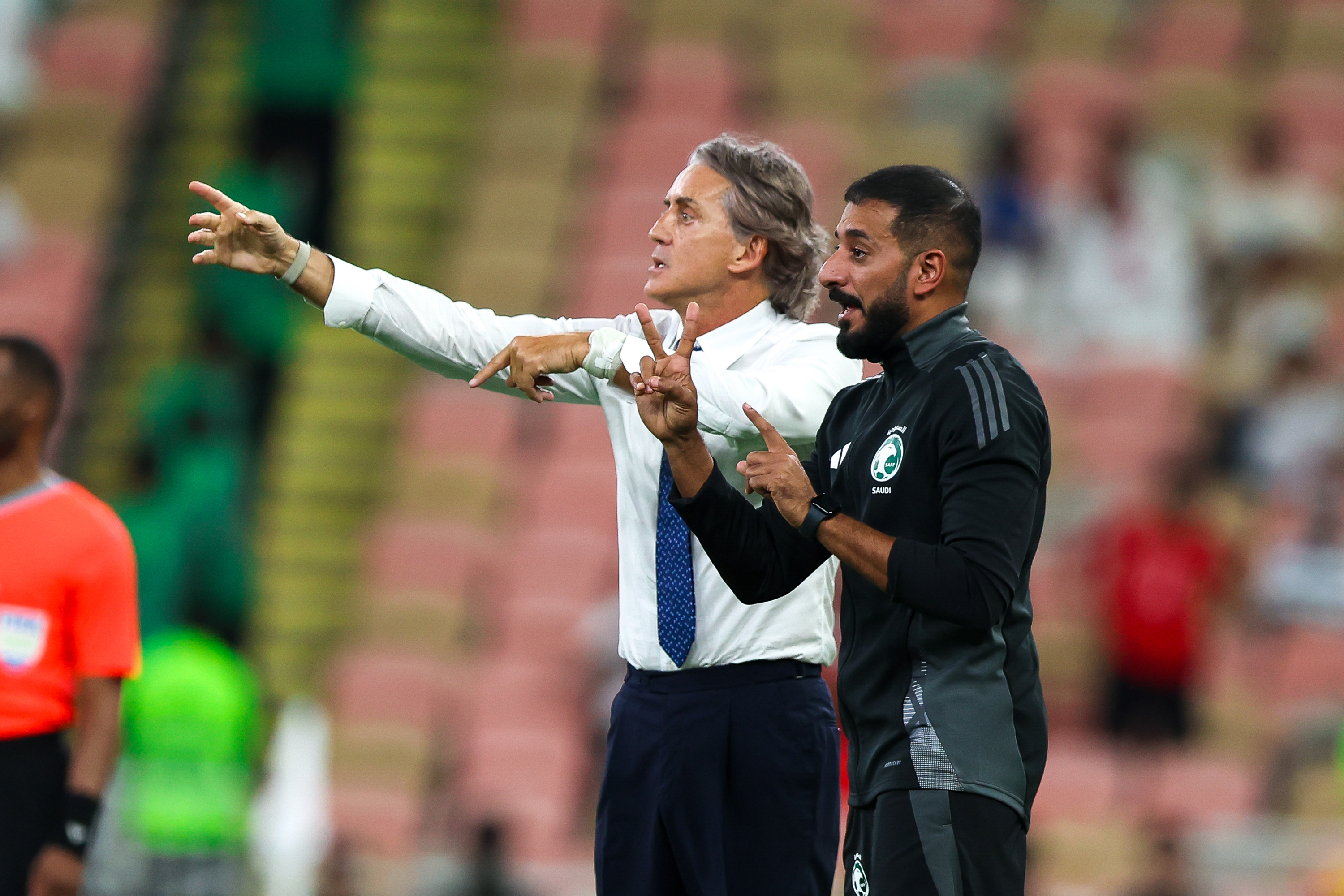 JEDDAH, SAUDI ARABIA - OCTOBER 15: Roberto Mancini coach of Saudi Arabia reacts during the FIFA World Cup Asian 3rd Qualifier Group C match between Saudi Arabia and Bahrain at King Abdullah Sports City on October 15, 2024 in Jeddah, Saudi Arabia.  (Photo by Yasser Bakhsh/Getty Images)