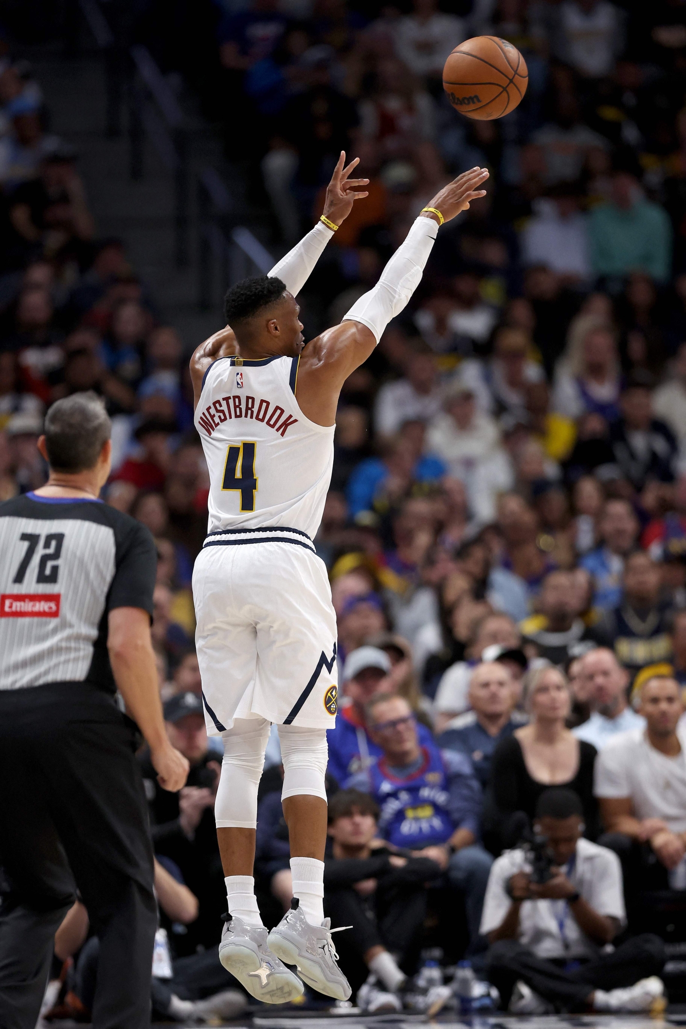 DENVER, COLORADO - OCTOBER 24: Russell Westbrook #4 of the Denver Nuggets puts up a shot against the Oklahoma City Thunder in the fourth quarter at Ball Arena on October 24, 2024 in Denver, Colorado. NOTE TO USER: User expressly acknowledges and agrees that, by downloading and or using this photograph, User is consenting to the terms and conditions of the Getty Images License Agreement.   Matthew Stockman/Getty Images/AFP (Photo by MATTHEW STOCKMAN / GETTY IMAGES NORTH AMERICA / Getty Images via AFP)