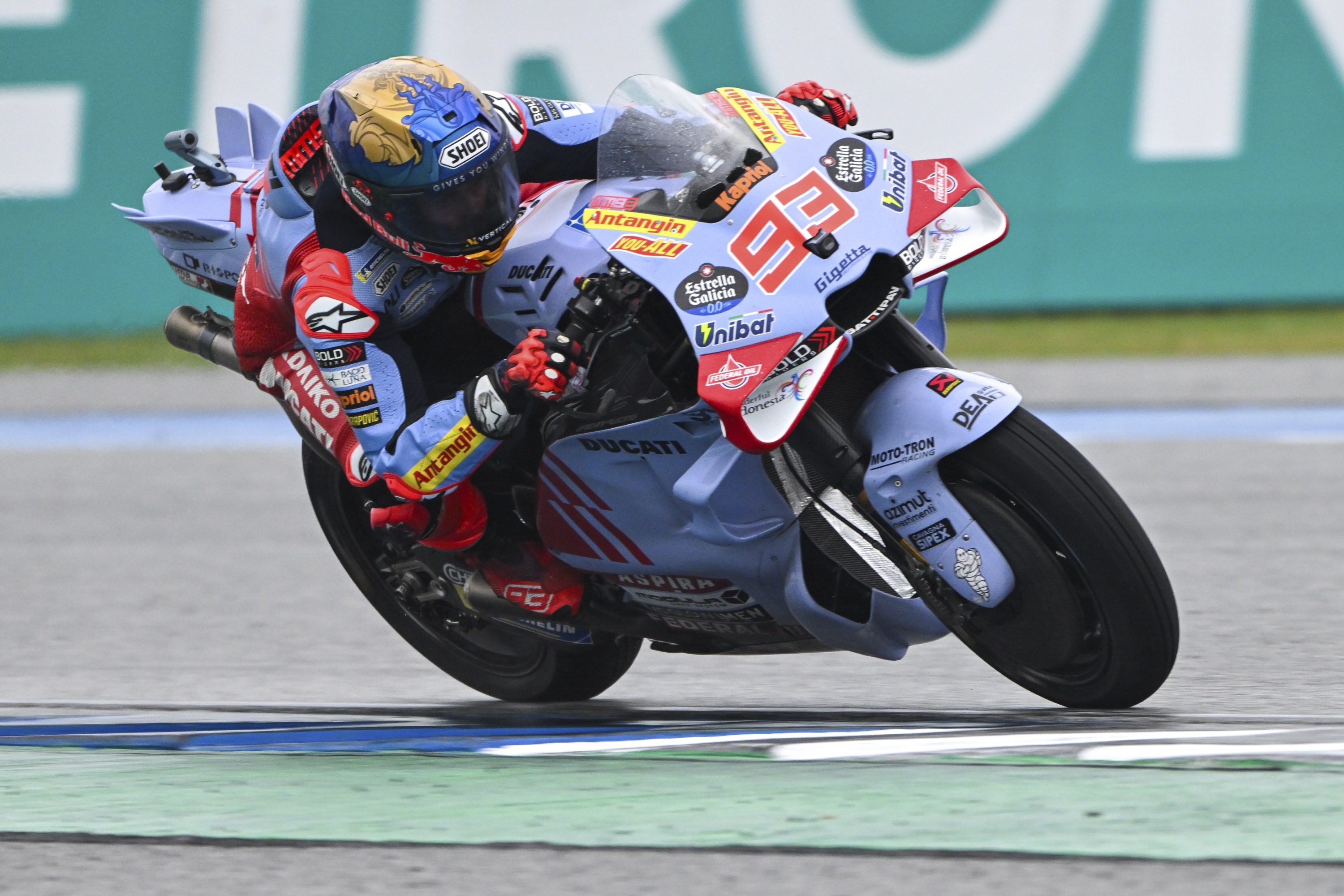 Spain's rider Marc Marquez steers his motorcycle during Thailand's MotoGP at the Chang International Circuit in Buriram, Thailand, Sunday, Oct. 27, 2024. (AP Photo/ Kittinun Rodsupan)