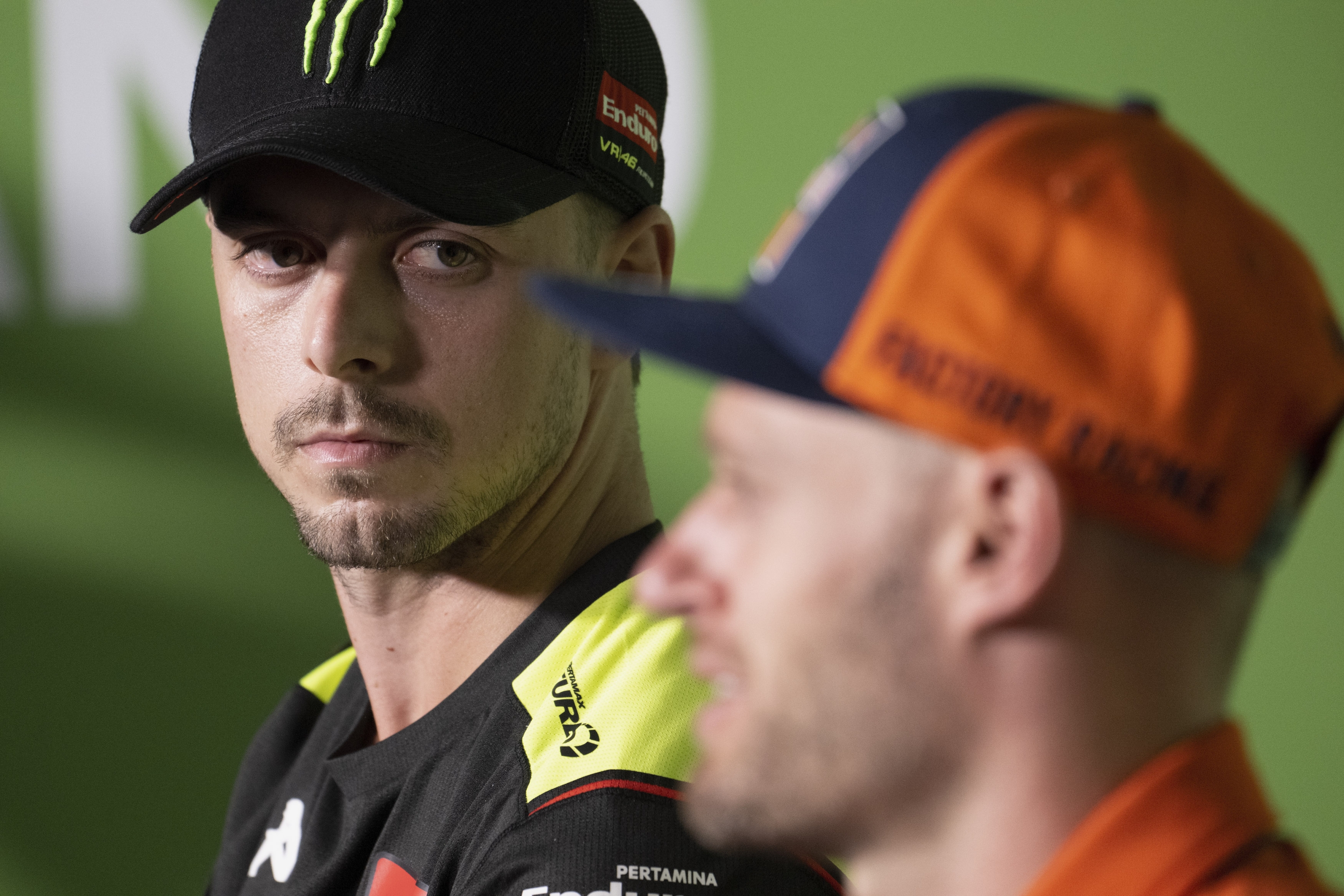 BURIRAM, THAILAND - OCTOBER 23: Fabio Di Giannantonio of Italy and Pertamina Enduro VR46 Racing Team looks on  during the press conference pre-event during the MotoGP Of Thailand - Previews at Chang International Circuit on October 24, 2024 in Buriram, Thailand. (Photo by Mirco Lazzari gp/Getty Images)