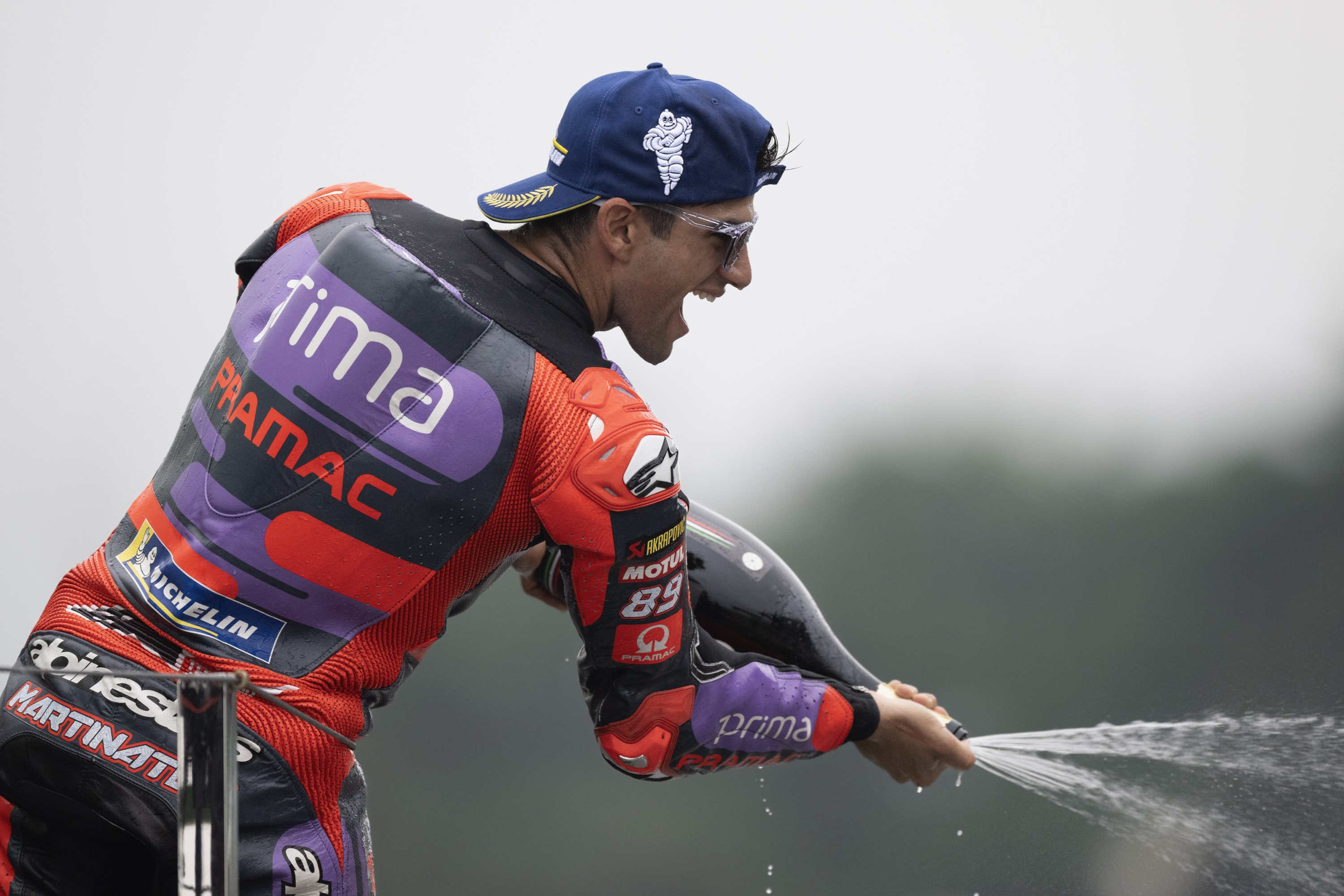 BURIRAM, THAILAND - OCTOBER 27: Jorge Martin of Spain and Prima Pramac Racing celebrates the second place on the podium during the MotoGP race during the MotoGP Of Thailand - Race at Chang International Circuit on October 27, 2024 in Buriram, Thailand. (Photo by Mirco Lazzari gp/Getty Images)