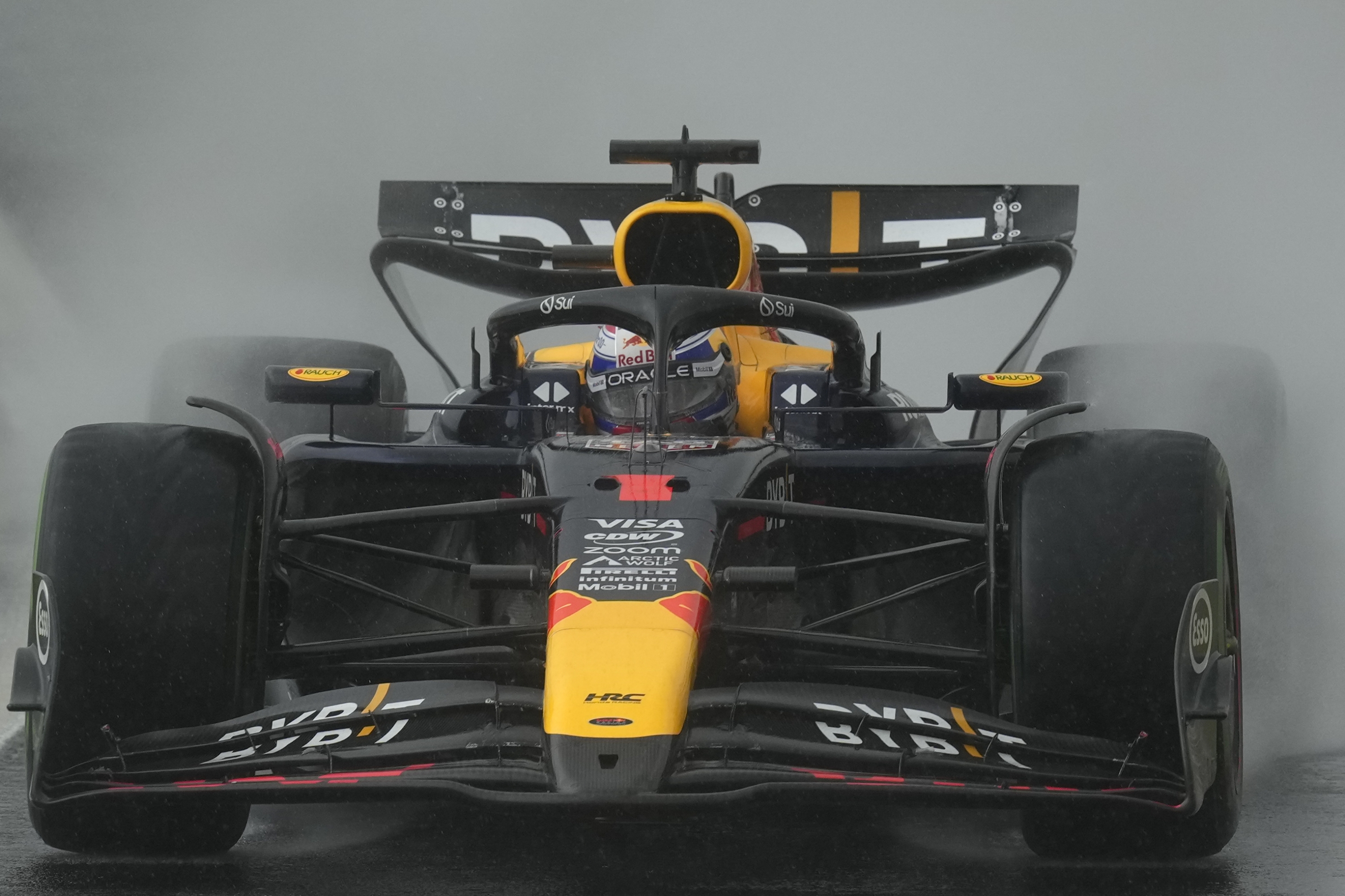 Max Verstappen, of Netherlands, steers his Red Bull during the Brazilian Formula One Grand Prix at the Interlagos race track in Sao Paulo, Sunday, Nov. 3, 2024. (AP Photo/Andre Penner)