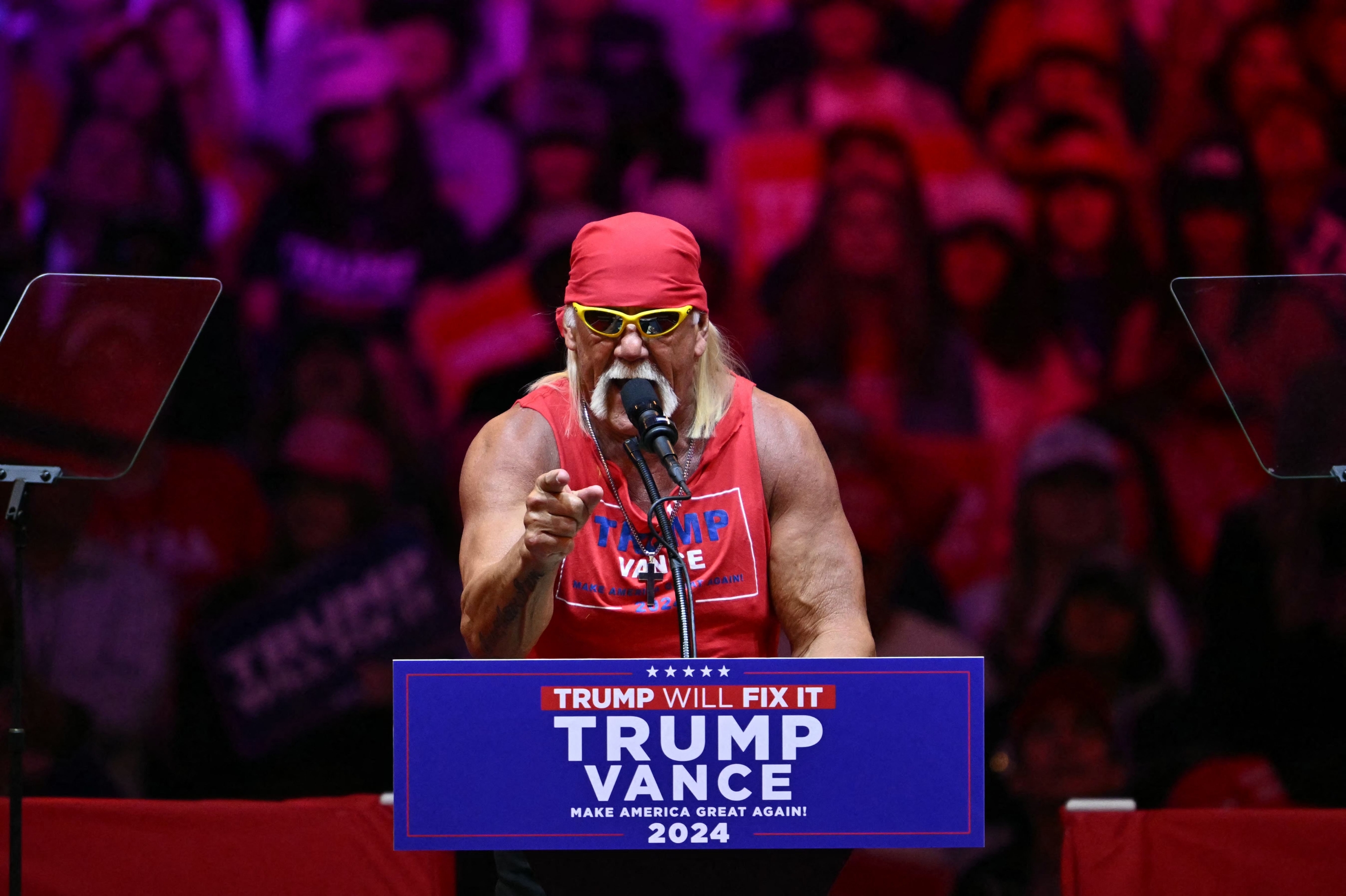 Former pro wrestler Hulk Hogan speaks at a campaign rally for former US President and Republican presidential candidate Donald Trump at Madison Square Garden in New York on October 27, 2024. (Photo by ANGELA WEISS / AFP)