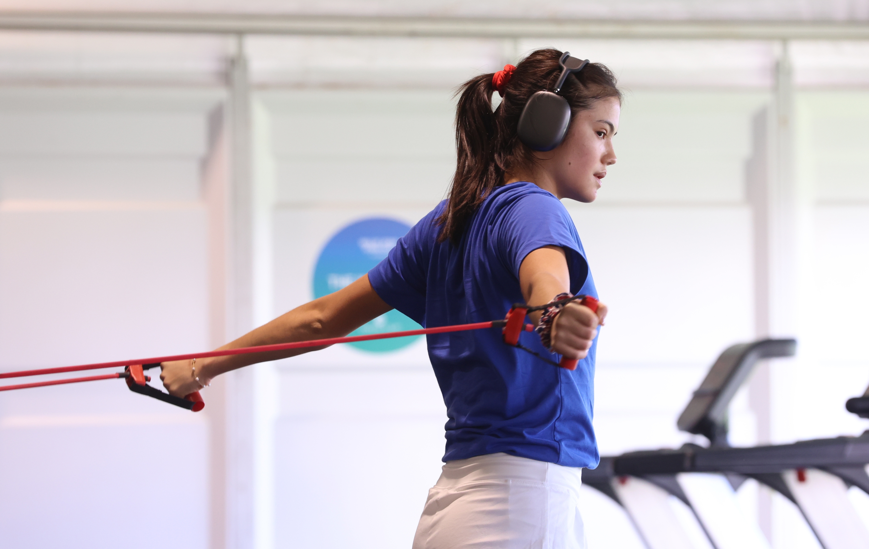 MALAGA, SPAIN - NOVEMBER 12: Emma Raducanu of Great Britain trains in the gym during the Billie Jean King Cup Finals at Palacio de Deportes Jose Maria Martin Carpena on November 12, 2024 in Malaga, Spain. (Photo by Nathan Stirk/Getty Images for LTA)