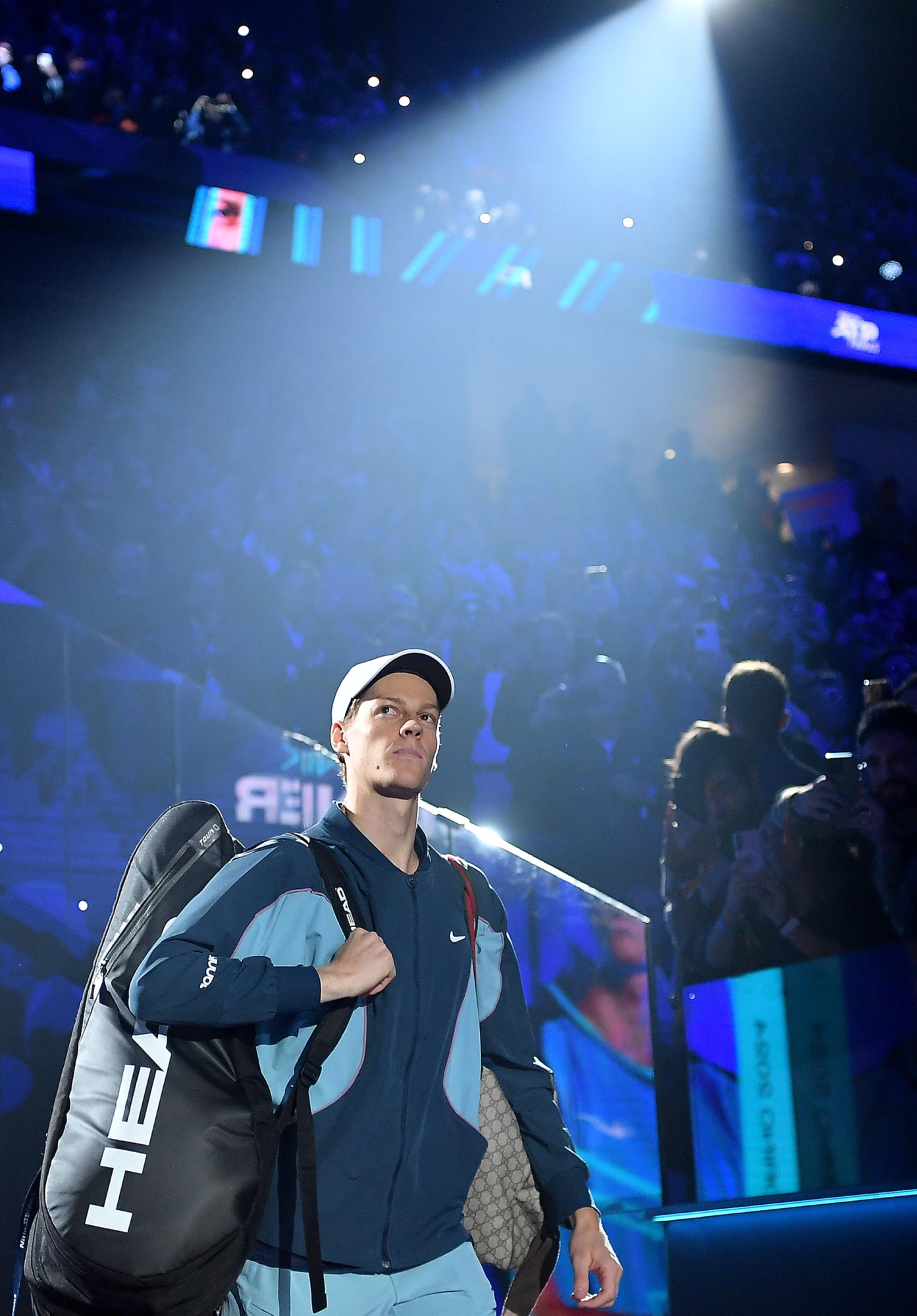 Jannik Sinner of Italy plays the match against  Daniil Medvedev of Russia during the match of Nitto Atp Finals in Turin, Italy 14 November 2024 . The ATP men's singles world number 1 is preparing for the ATP Finals that will run from 10-17 November in Turin ANSA/ALESSANDRO DI MARCO