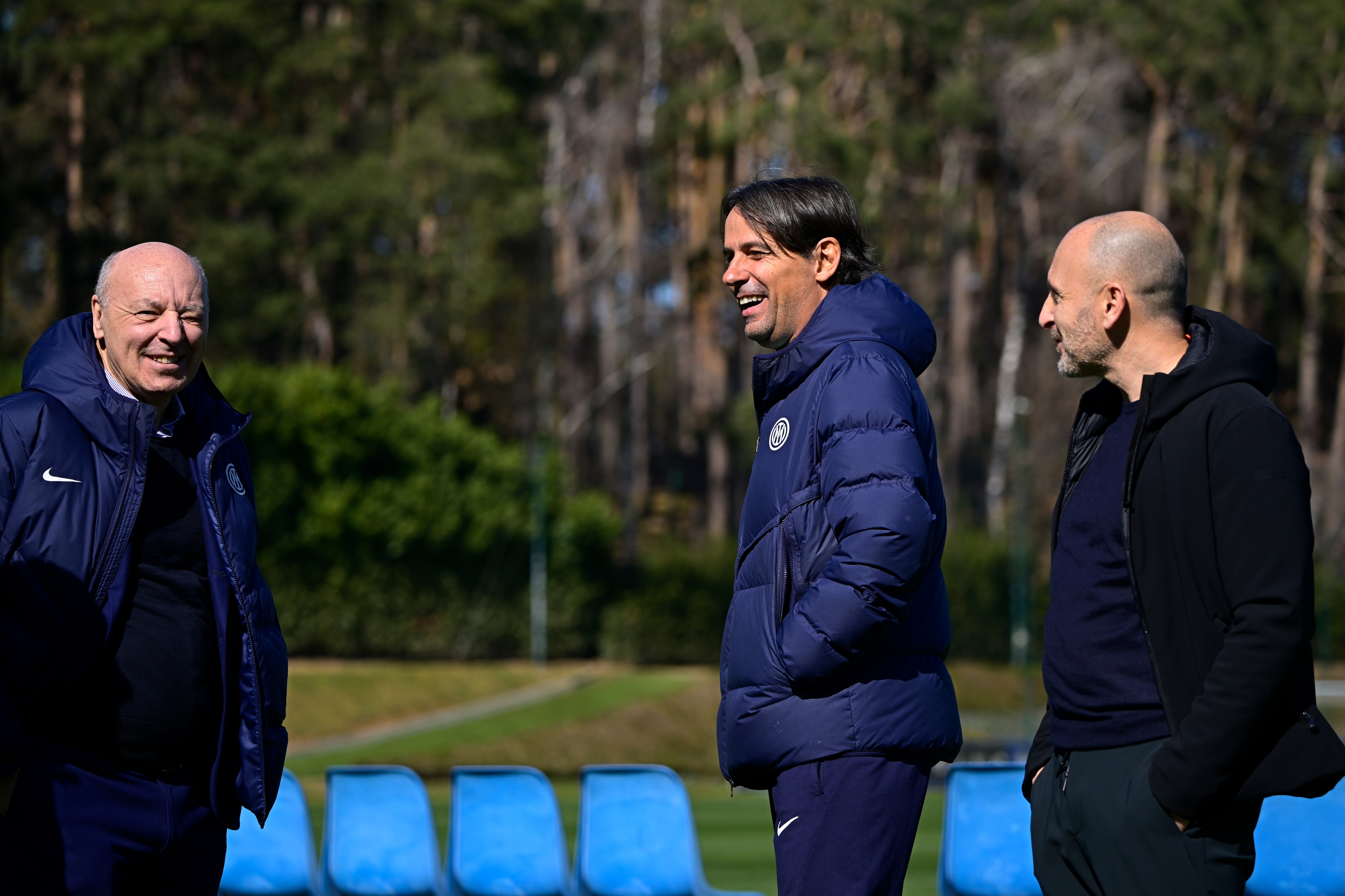 COMO, ITALY - MARCH 12: Sport CEO Giuseppe Marotta of FC Internazionale, Sport Director Piero Ausilio and Head Coach Simone Inzaghi of FC Internazionale during the FC Internazionale training session at the club's training ground Suning Training Center on March 12, 2023 in Como, Italy. (Photo by Mattia Ozbot - Inter/Inter via Getty Images)