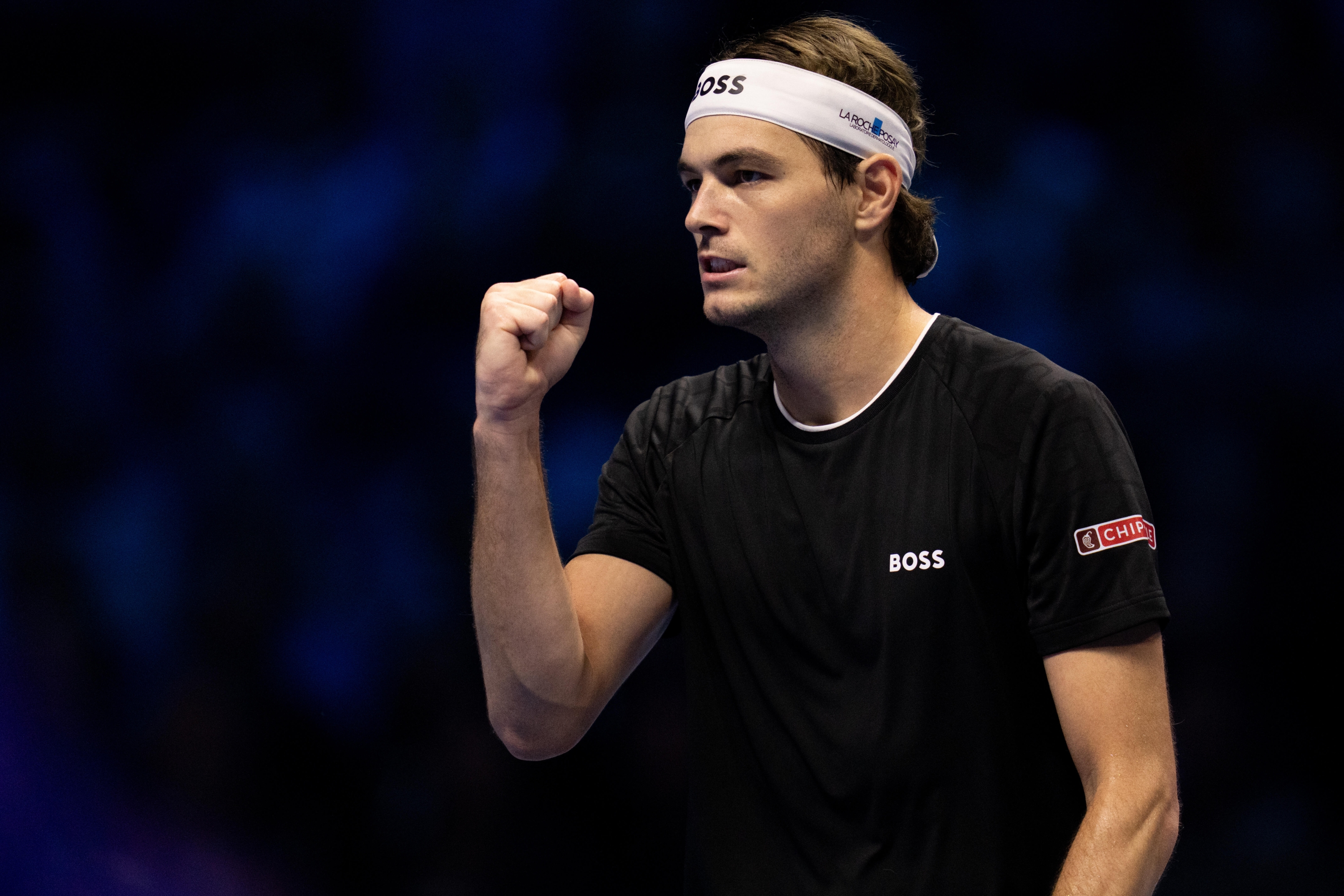 United States? Taylor Fritz react during the singles tennis match of the ATP World Tour Finals against Germany's Alexander Zverev at the Inalpi Arena in Turin, Italy - Sport - Saturday, November 16, 2024. (Photo by Marco Alpozzi/Lapresse)