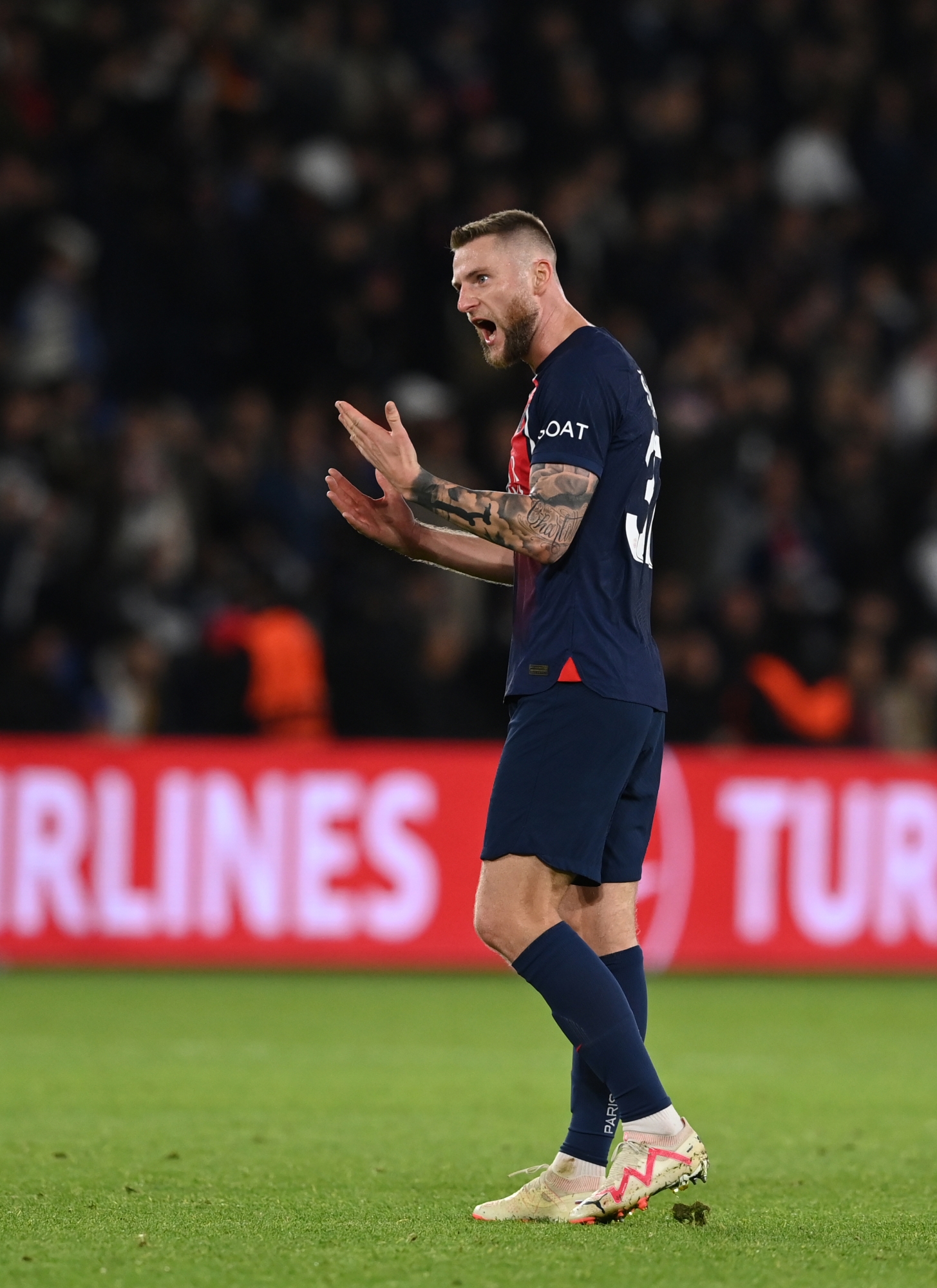 PARIS, FRANCE - OCTOBER 25: Milan Škriniar of AC Paris Saint-Germain reacts during the UEFA Champions League match between Paris Saint-Germain and AC Milan at Parc des Princes on October 25, 2023 in Paris, France. (Photo by Claudio Villa/AC Milan via Getty Images)