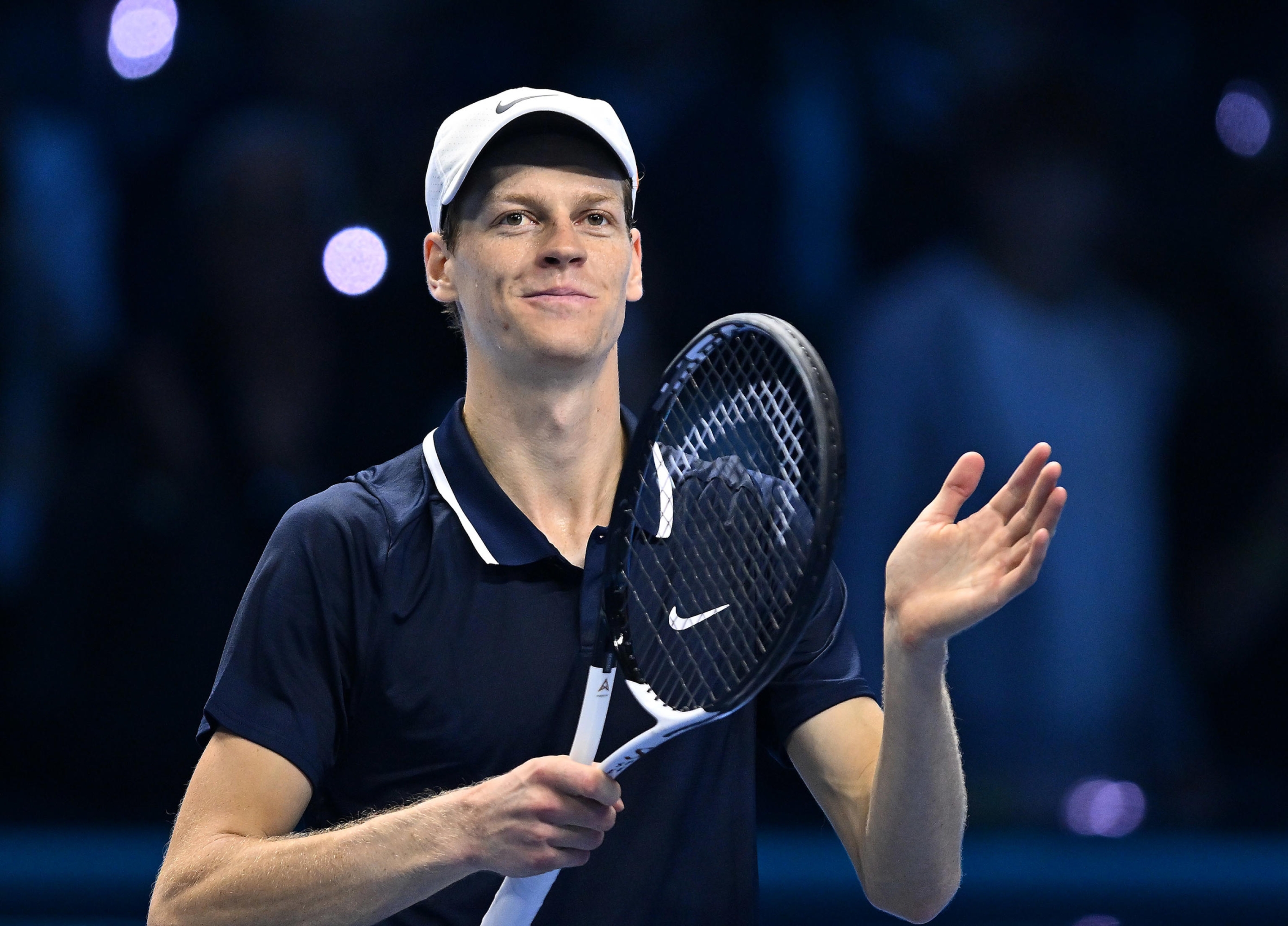 Jannik Sinner of Italy celebrates his victory against Alexander Zverev of Germany during the match of Nitto Atp Finals in Turin, Italy, 16 november 2024 .The ATP men's singles world number 1 is preparing for the ATP Finals that will run from 10-17 November in Turin ANSA/ALESSANDRO DI MARCO