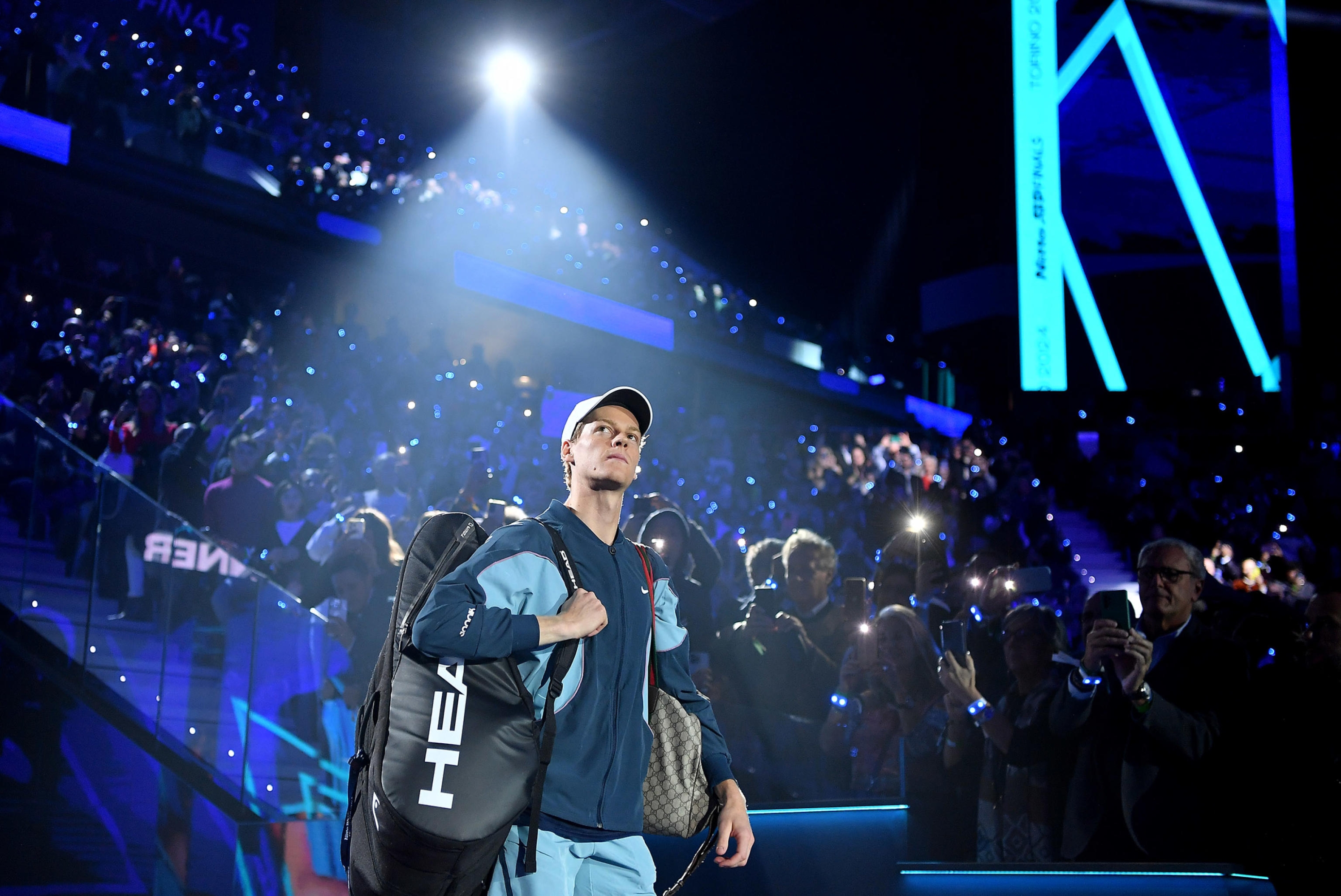 Jannik Sinner of Italy plays the match against Casper Ruud of Norway during the match of Nitto Atp Finals in Turin, Italy, 16 November 2024 . The ATP men's single world number 1 is preparing for the ATP Finals that will run from 10-17 November in Turin ANSA/ALESSANDRO DI MARCO