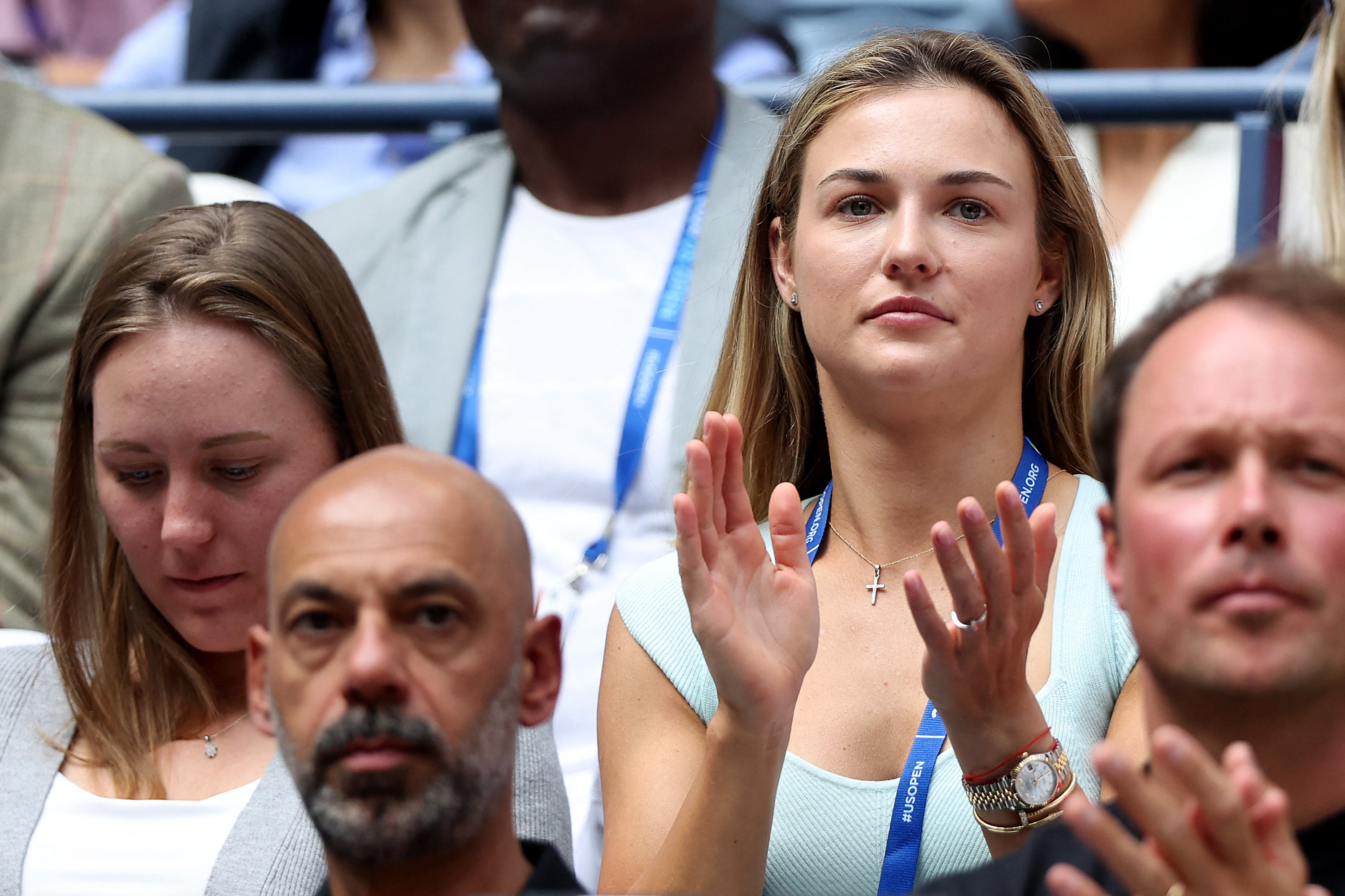 NEW YORK, NEW YORK - SEPTEMBER 08: Anna Kalinskaya, girlfriend of Jannik Sinner of Italy, watches his Men's Singles Final match against Taylor Fritz of the United States on Day Fourteen of the 2024 US Open at USTA Billie Jean King National Tennis Center on September 08, 2024 in the Flushing neighborhood of the Queens borough of New York City.   Matthew Stockman/Getty Images/AFP (Photo by MATTHEW STOCKMAN / GETTY IMAGES NORTH AMERICA / Getty Images via AFP)