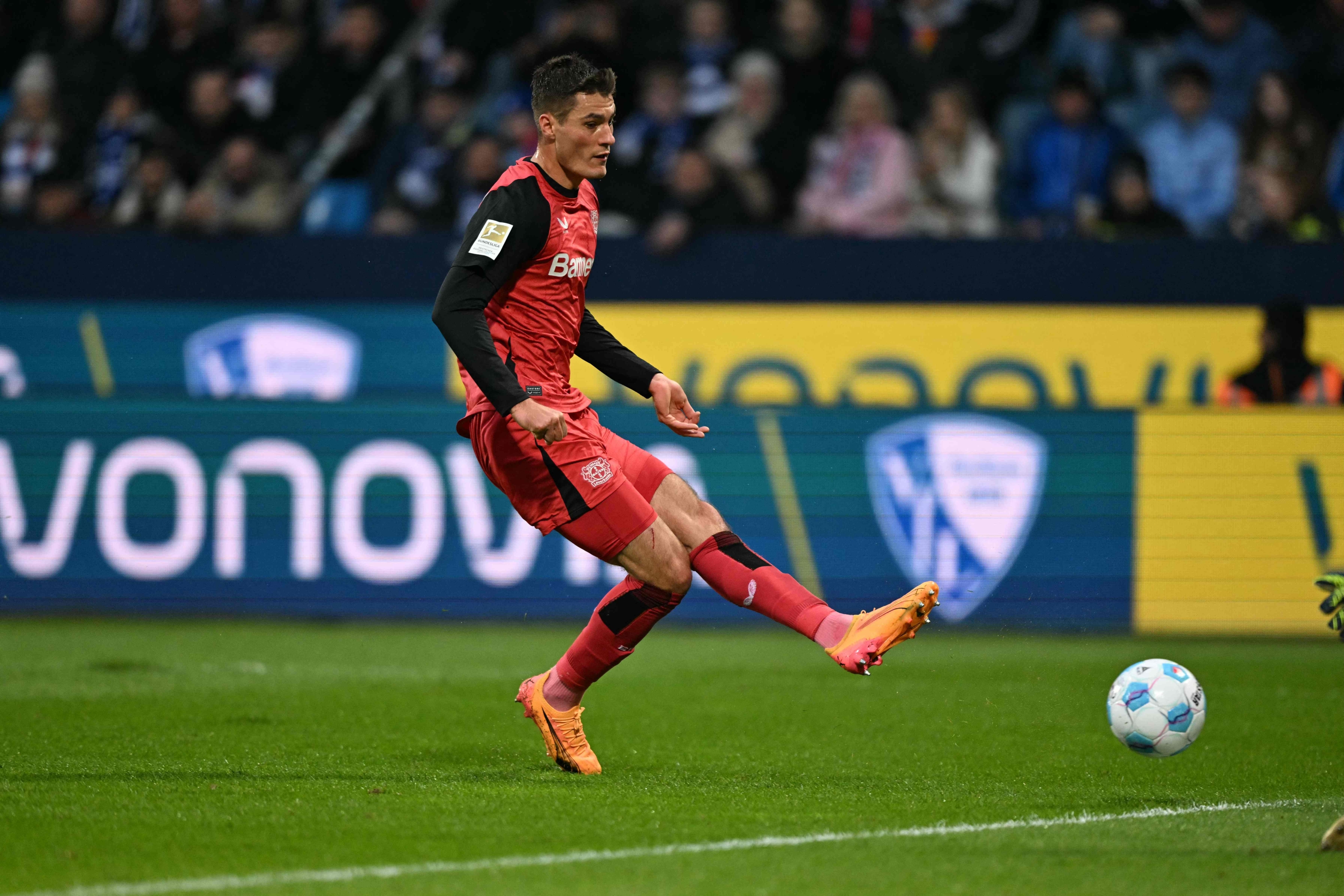 Bayer Leverkusen's Czech forward #14 Patrik Schick scores the opening 0-1 goal during the German first division Bundesliga football match between VfL Bochum and Bayer Leverkusen in Bochum on November 9, 2024. (Photo by INA FASSBENDER / AFP) / DFL REGULATIONS PROHIBIT ANY USE OF PHOTOGRAPHS AS IMAGE SEQUENCES AND/OR QUASI-VIDEO