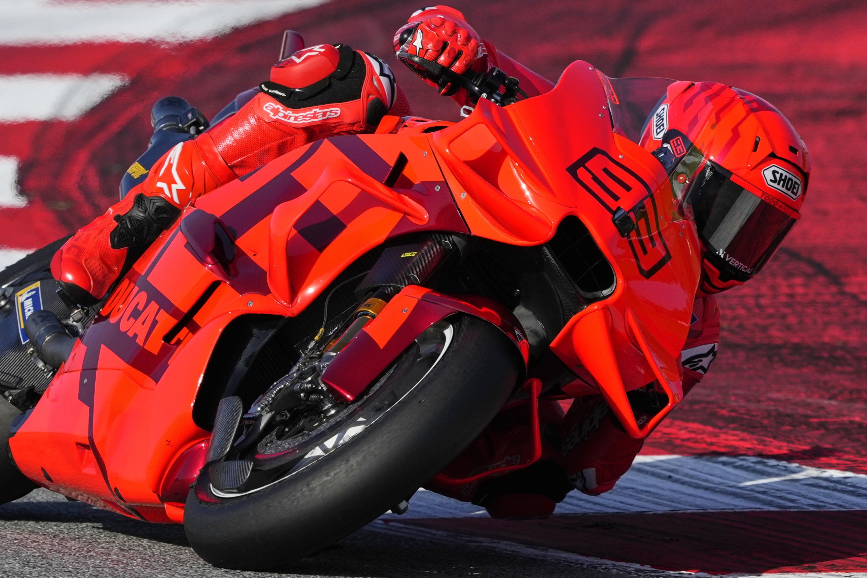 epa11729423 Spanish MotoGP rider Marc Marquez of Ducati team in action during the training session of the Official Barcelona Test for the 2025 season, at Montmelo racetrack in Barcelona, Spain, 19 November 2024.  EPA/Alejandro Garcia