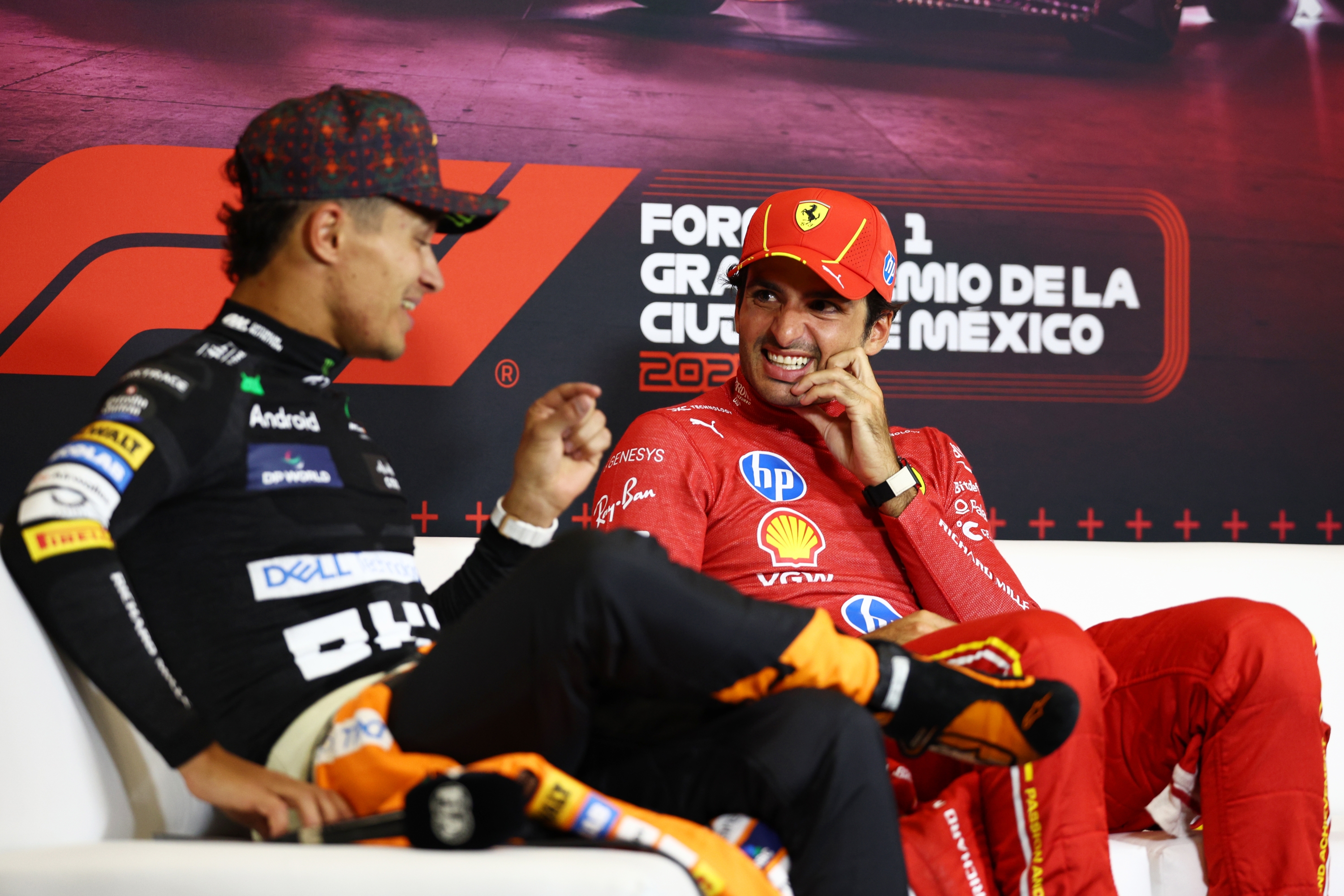 MEXICO CITY, MEXICO - OCTOBER 27: Race winner Carlos Sainz of Spain and Ferrari and Second placed Lando Norris of Great Britain and McLaren attend the Drivers Press Conference after the F1 Grand Prix of Mexico at Autodromo Hermanos Rodriguez on October 27, 2024 in Mexico City, Mexico. (Photo by Jared C. Tilton/Getty Images)