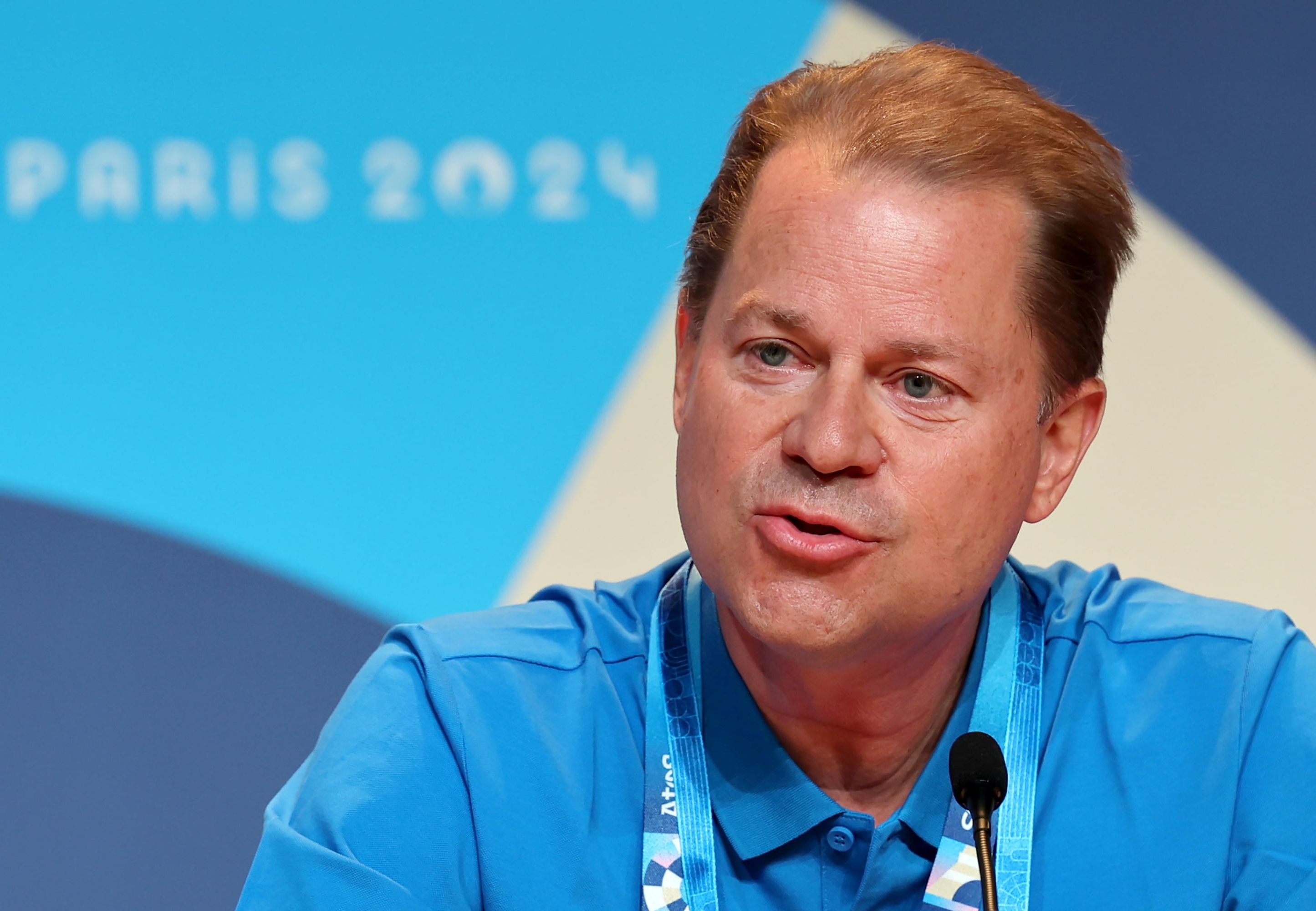 epa11495403 Olivier Niggli, Director General of the World Anti-Doping Agency (WADA) speaks during a press conference at the main press centre at the Paris 2024 Olympic Games, at the Trocadero in Paris, France, 25 July 2024.  EPA/RITCHIE B. TONGO