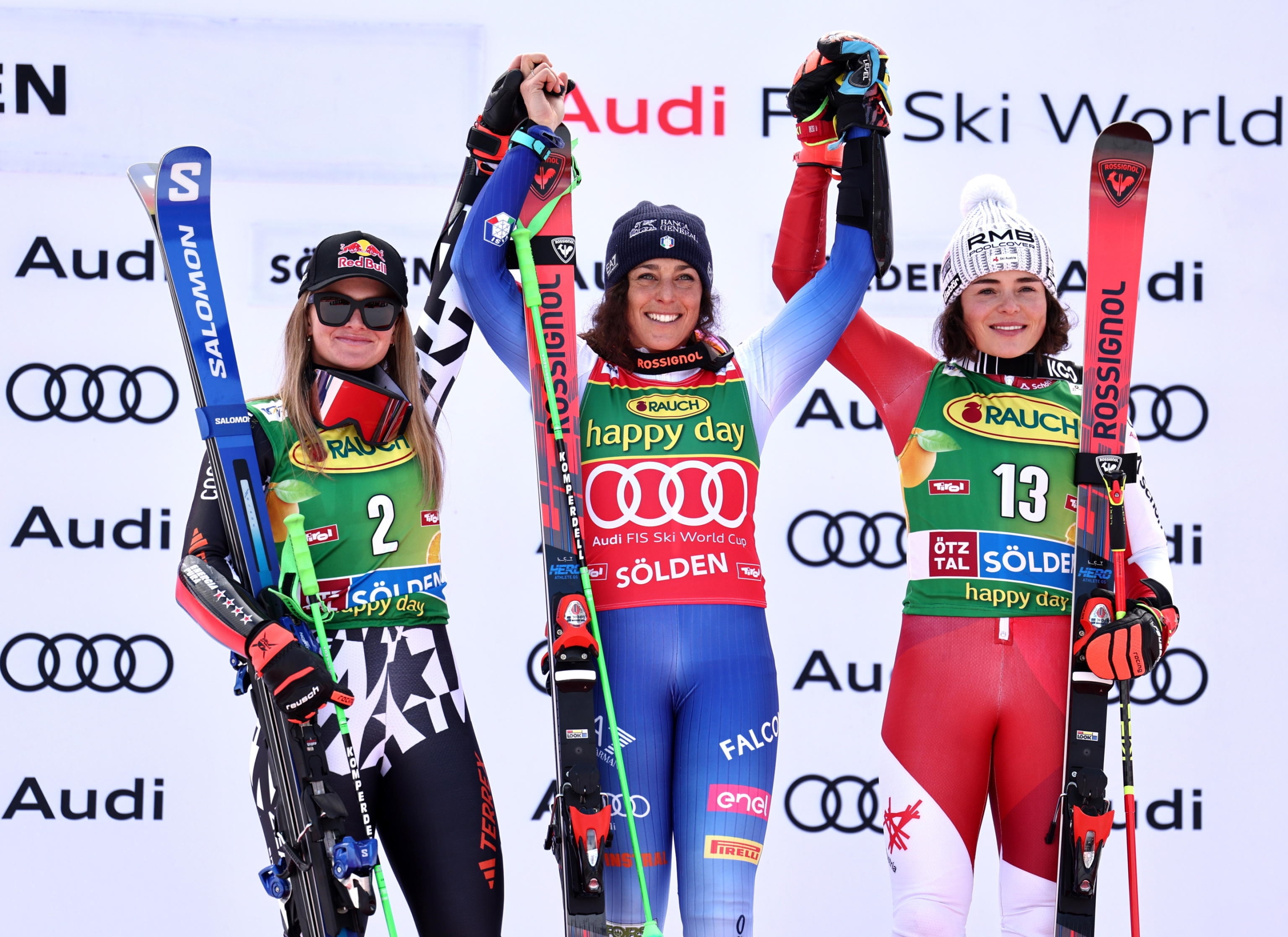 epa11684831 (L-R) Second Placed Alice Robinson of New Zealand, Winner Federica Brignone of Italy, and third placed Julia Scheib of Austria celebrate during the podium ceremony for the Women's Giant Slalom race at the FIS Alpine Skiing World Cup season opener on the Rettenbach glacier, in Soelden, Austria, 26 October 2024.  EPA/ANNA SZILAGYI