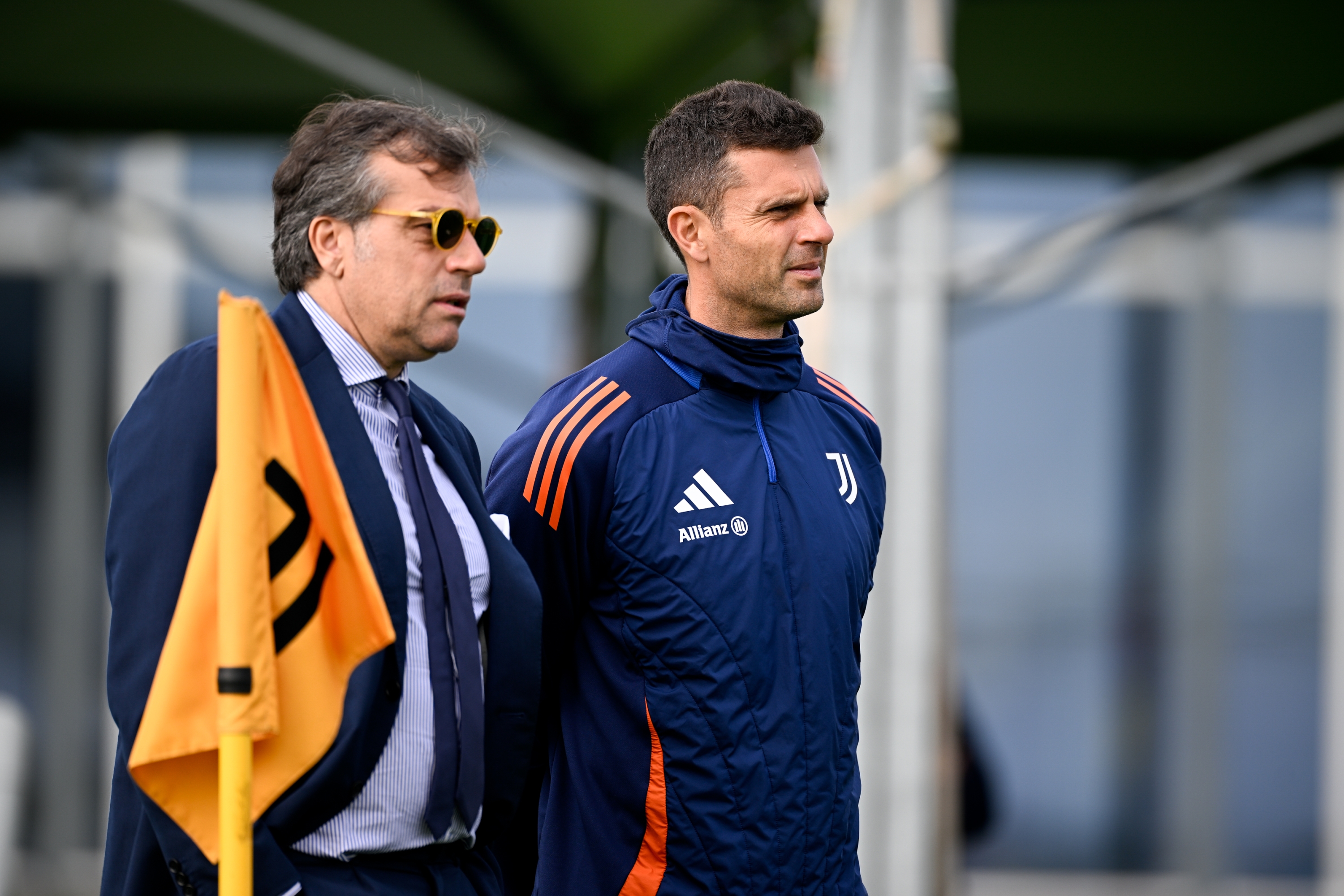 TURIN, ITALY - OCTOBER 21: Cristiano Giuntoli, Thiago Motta of Juventus during the UEFA Champions League 2024/25 League Phase MD3 training and press conference at Juventus Stadium on October 21, 2024 in Turin, Italy. (Photo by Daniele Badolato - Juventus FC/Juventus FC via Getty Images)