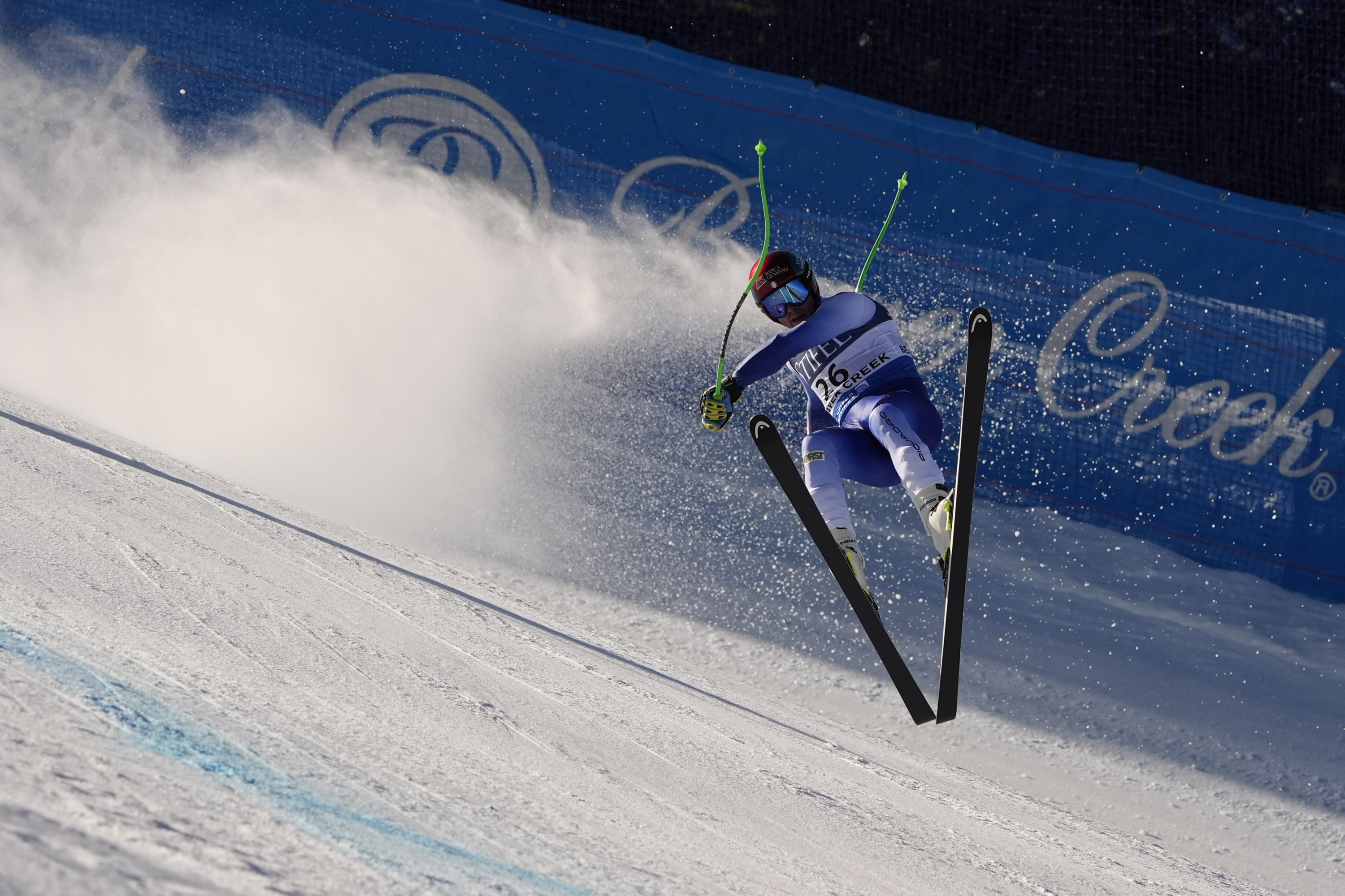 Italy's Guglielmo Bosca crashes during a men's World Cup downhill training run Thursday, Dec. 5, 2024, in Beaver Creek, Colo. (AP Photo/Robert F. Bukaty)