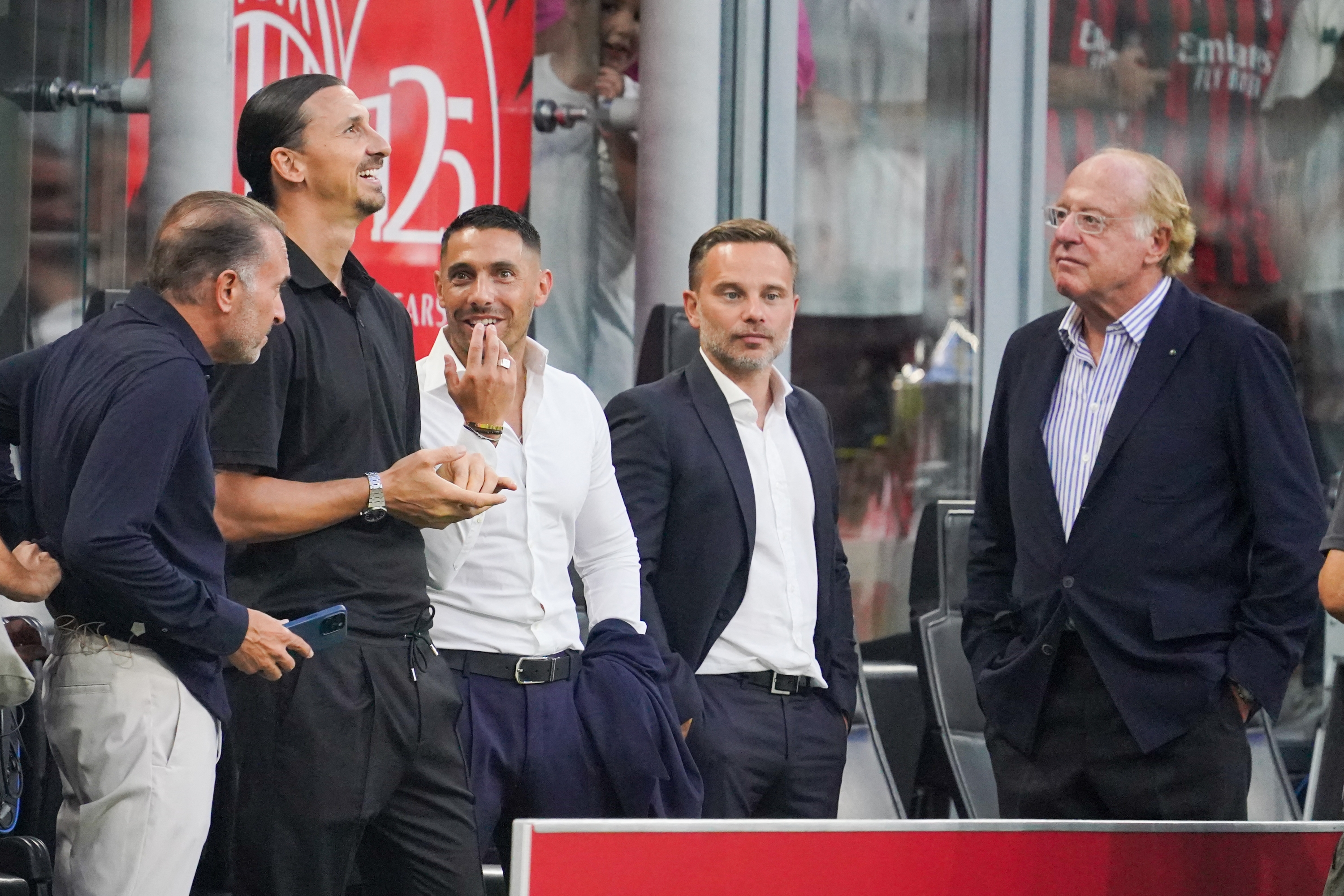 Gerry Cardinale, Zlatan Ibrahimovic, Geoffrey Moncada, Giorgio Furlani, and Paolo Scaroni are attending the AC Milan vs. AC Monza match for the Silvio Berlusconi Trophy at Stadio Meazza in San Siro, in Milan, Italy, on August 13, 2024. (Photo by Alessio Morgese/NurPhoto) (Photo by Alessio Morgese / NurPhoto / NurPhoto via AFP)