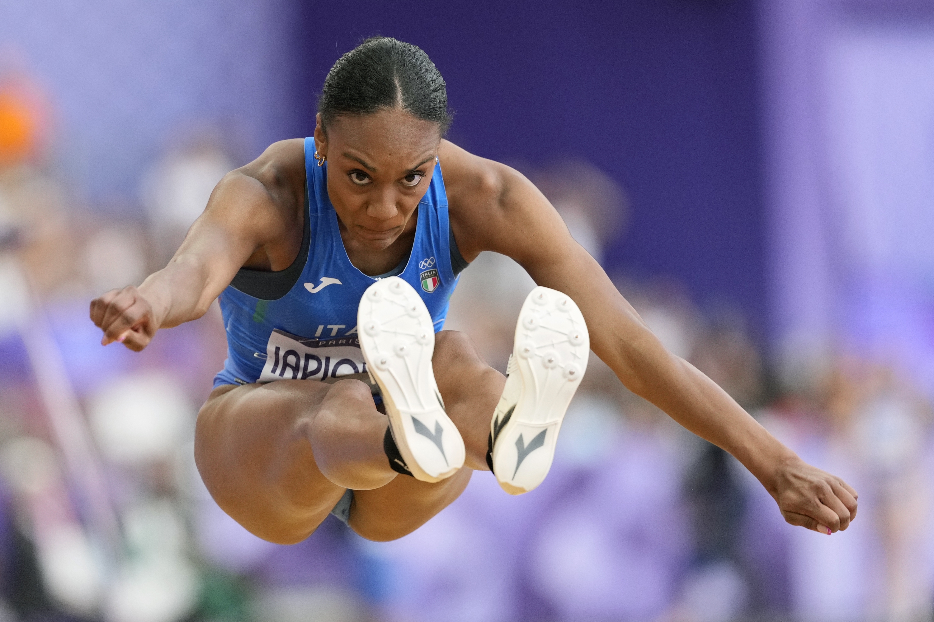 Larissa Iapichino, of Italy, competes during the women's long jump final at the 2024 Summer Olympics, Thursday, Aug. 8, 2024, in Saint-Denis, France. (AP Photo/Bernat Armangue)