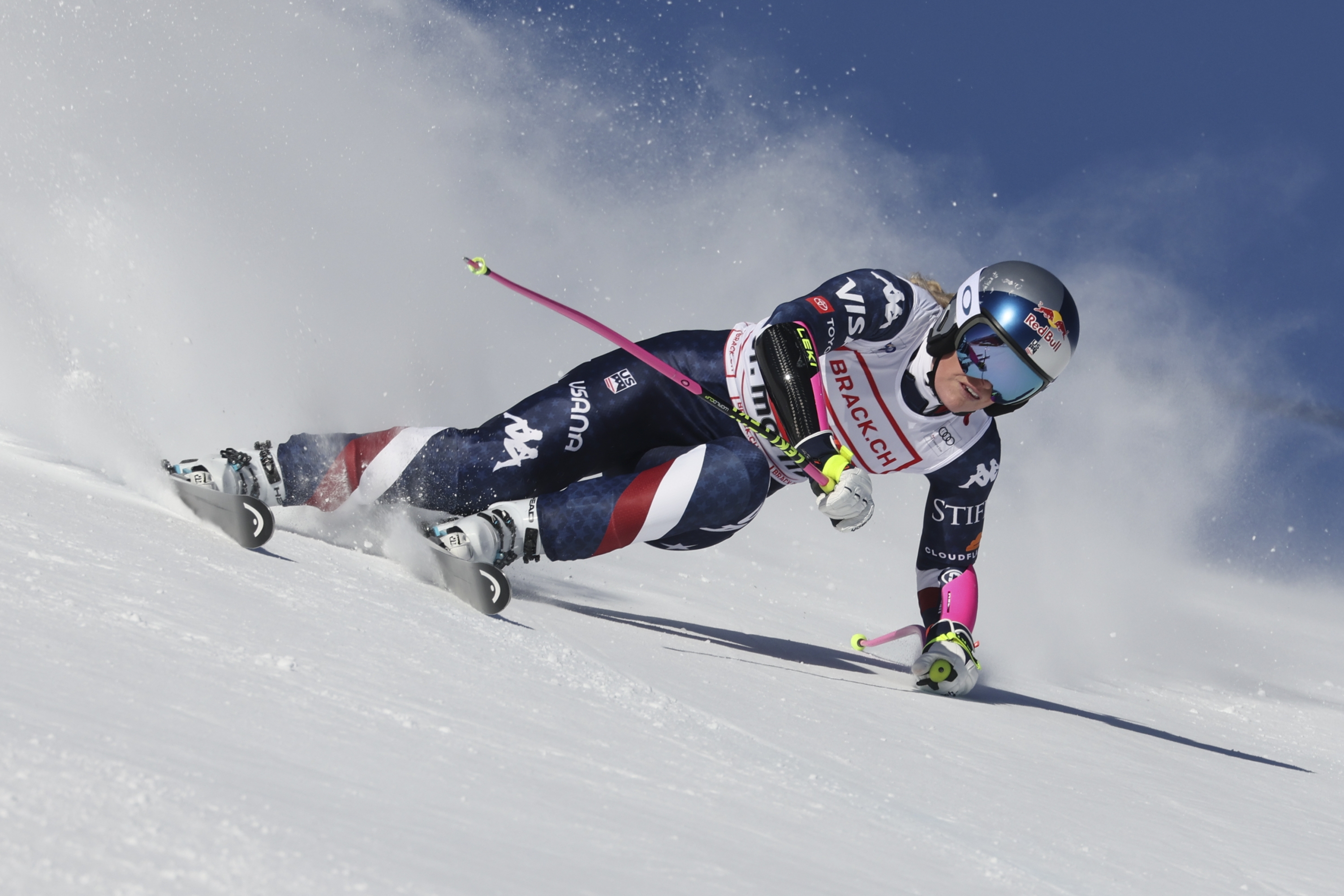 United States' Lindsey Vonn competes in an alpine ski, women's World Cup super G, in St. Moritz, Switzerland, Saturday, Dec. 21, 2024. (AP Photo/Marco Trovati)