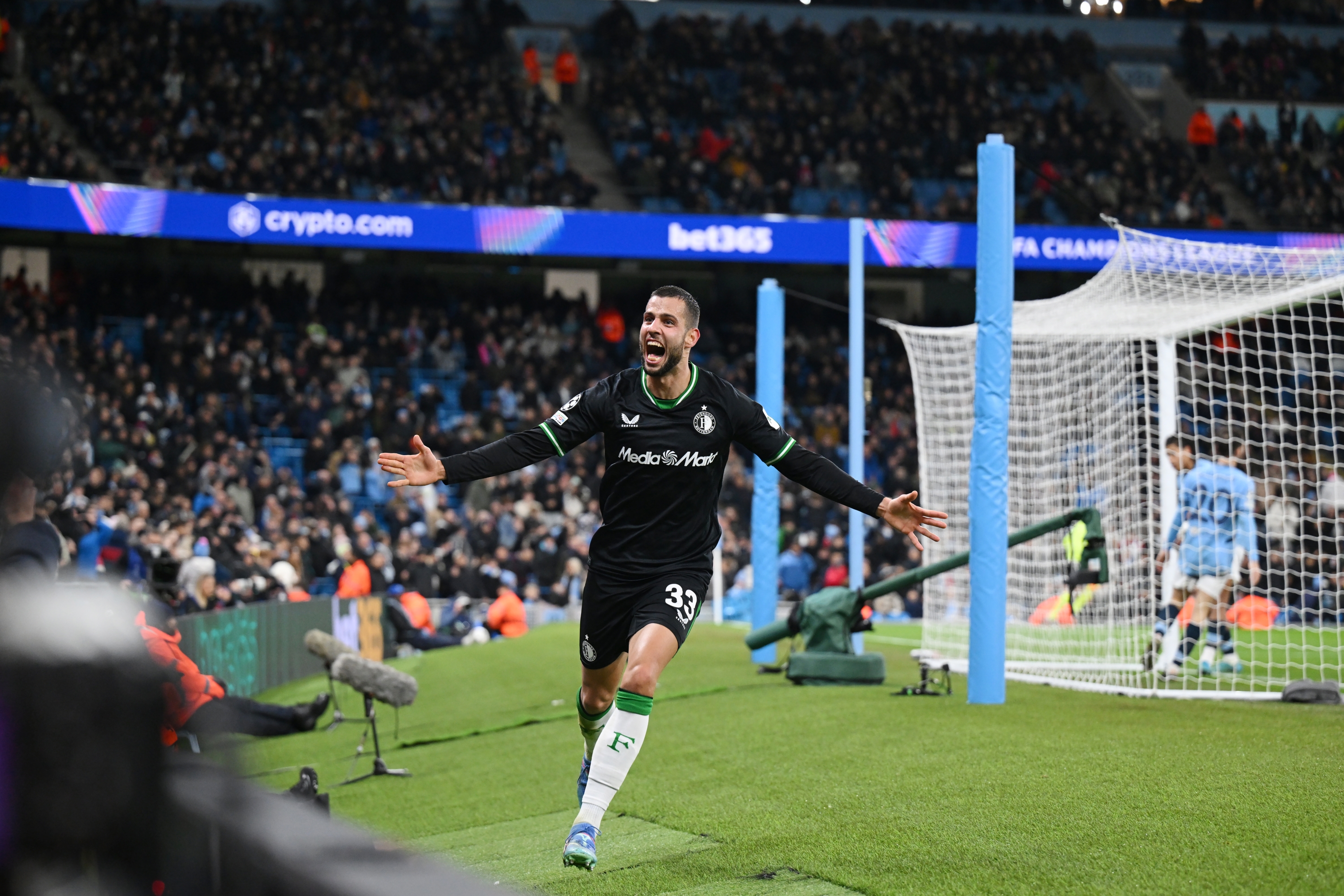 MANCHESTER, ENGLAND - NOVEMBER 26: David Hancko of Feyenoord celebrates scoring his team's third goal during the UEFA Champions League 2024/25 League Phase MD5 match between Manchester City and Feyenoord at City of Manchester Stadium on November 26, 2024 in Manchester, England. (Photo by Michael Regan/Getty Images)