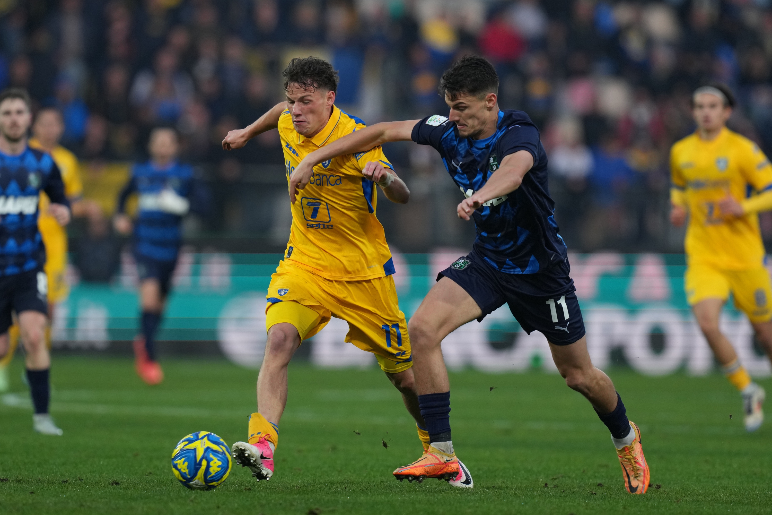 Frosinone's Tjas Begic Sassuolo's Daniel Boloca during the Serie BKT soccer match between Frosinone and Sassuolo at the Frosinone Benito Stirpe stadium, Italy - Saturday, December 14, 2024 - Sport  Soccer ( Photo by Alfredo Falcone/LaPresse )