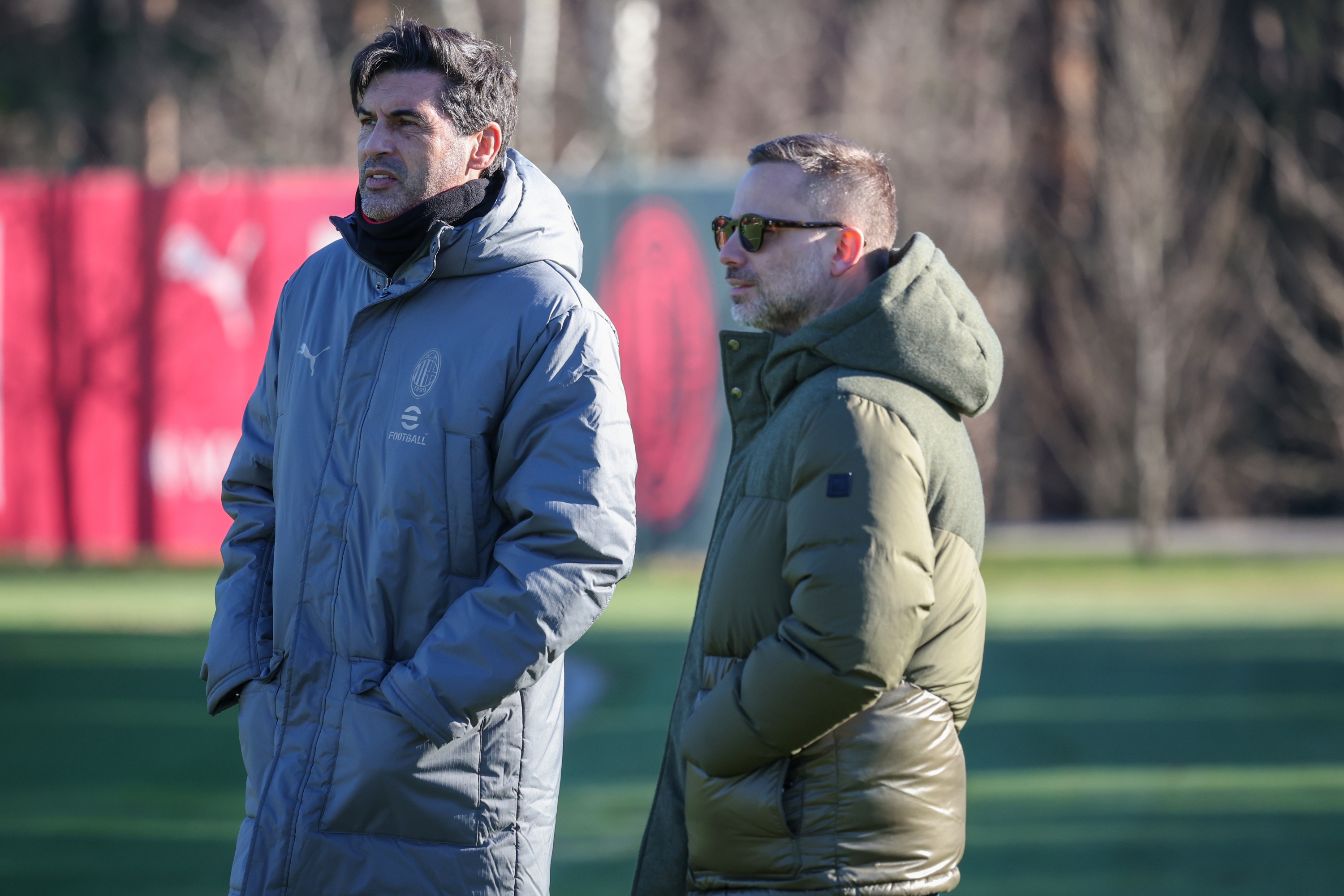 CAIRATE, ITALY - DECEMBER 26: Head Coach of AC Milan Paulo Fonseca and Giorgio Furlani Chief Executive Officer of AC Milan attend AC Milan training session at Milanello on December 26, 2024 in Cairate, Italy. (Photo by Sara Cavallini/AC Milan via Getty Images)