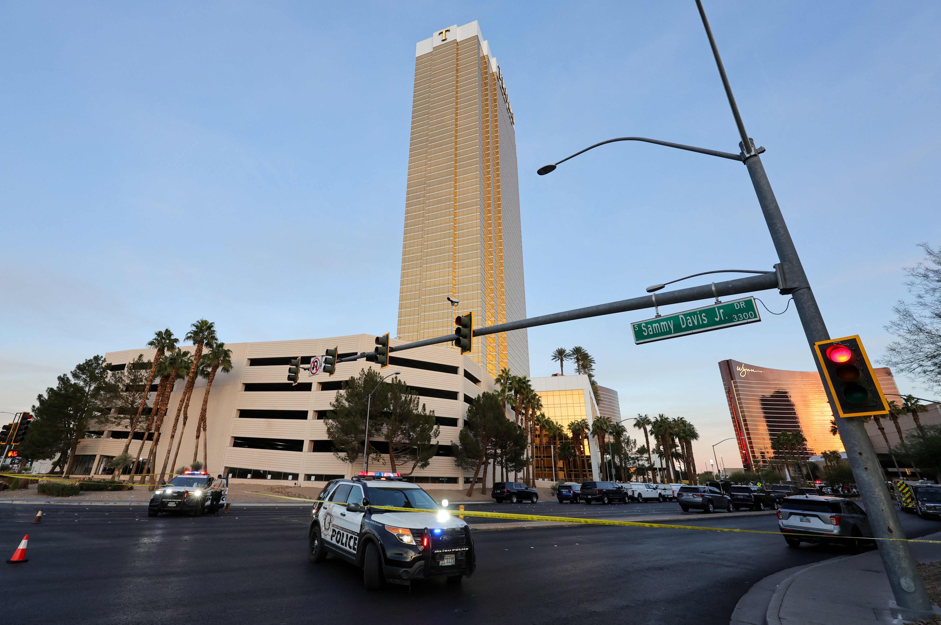 LAS VEGAS, NEVADA - JANUARY 01: Las Vegas Metropolitan Police Department vehicles block the road near the Trump International Hotel & Tower Las Vegas after a Tesla Cybertruck exploded in front of the entrance on January 01, 2025 in Las Vegas, Nevada. A person who was in the vehicle died and seven people were injured. Authorities are investigating the incident as a possible terrorist attack and are looking for a possible connection to a deadly crash in New Orleans.   Ethan Miller/Getty Images/AFP (Photo by Ethan Miller / GETTY IMAGES NORTH AMERICA / Getty Images via AFP)