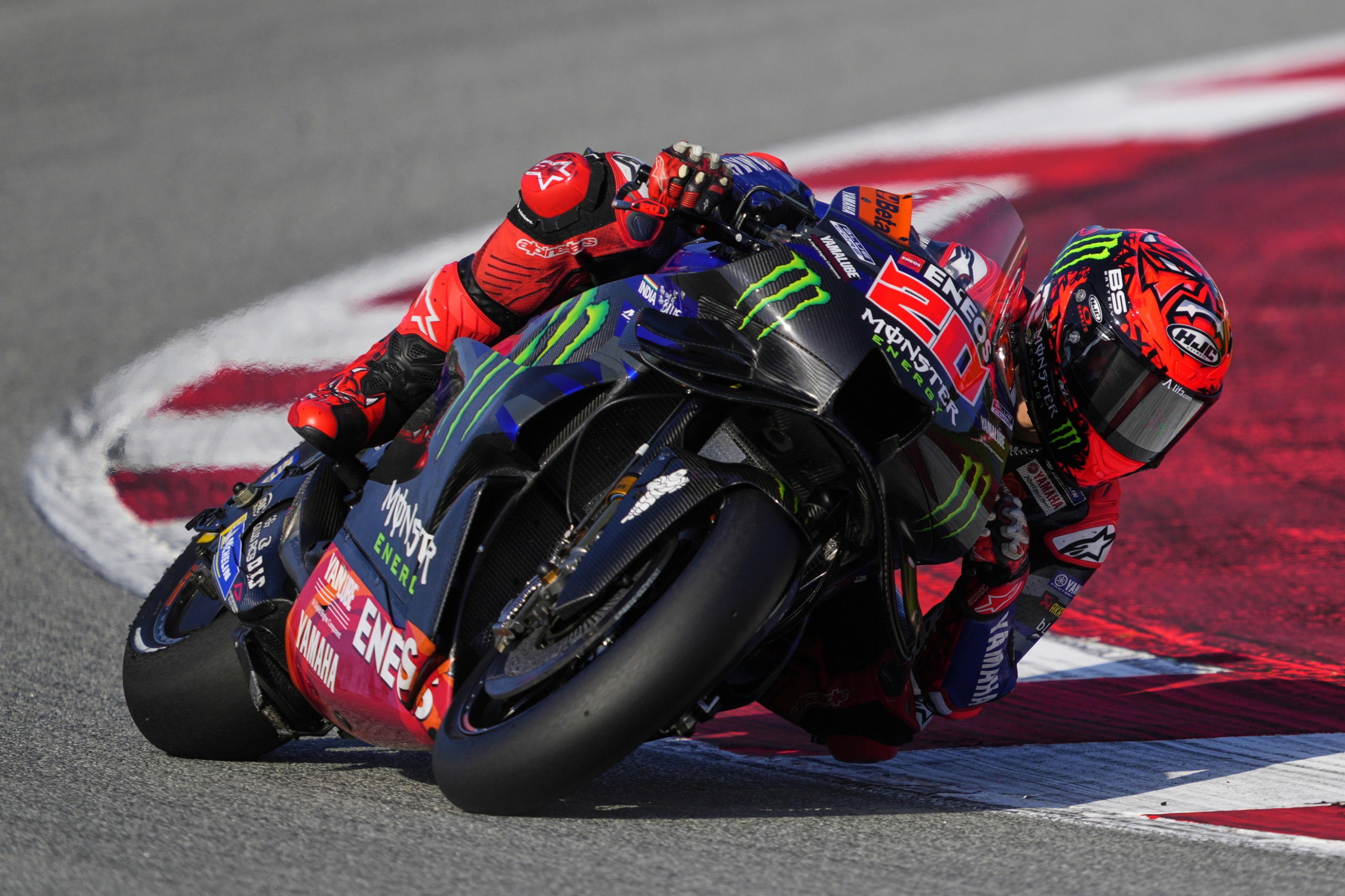 epa11729109 French MotoGP rider Fabio Quartararo of Monster Energy Yamaha team in action during the training session of the Official Barcelona Test for the 2025 season, at Montmelo racetrack in Barcelona, Spain, 19 November 2024.  EPA/Alejandro Garcia