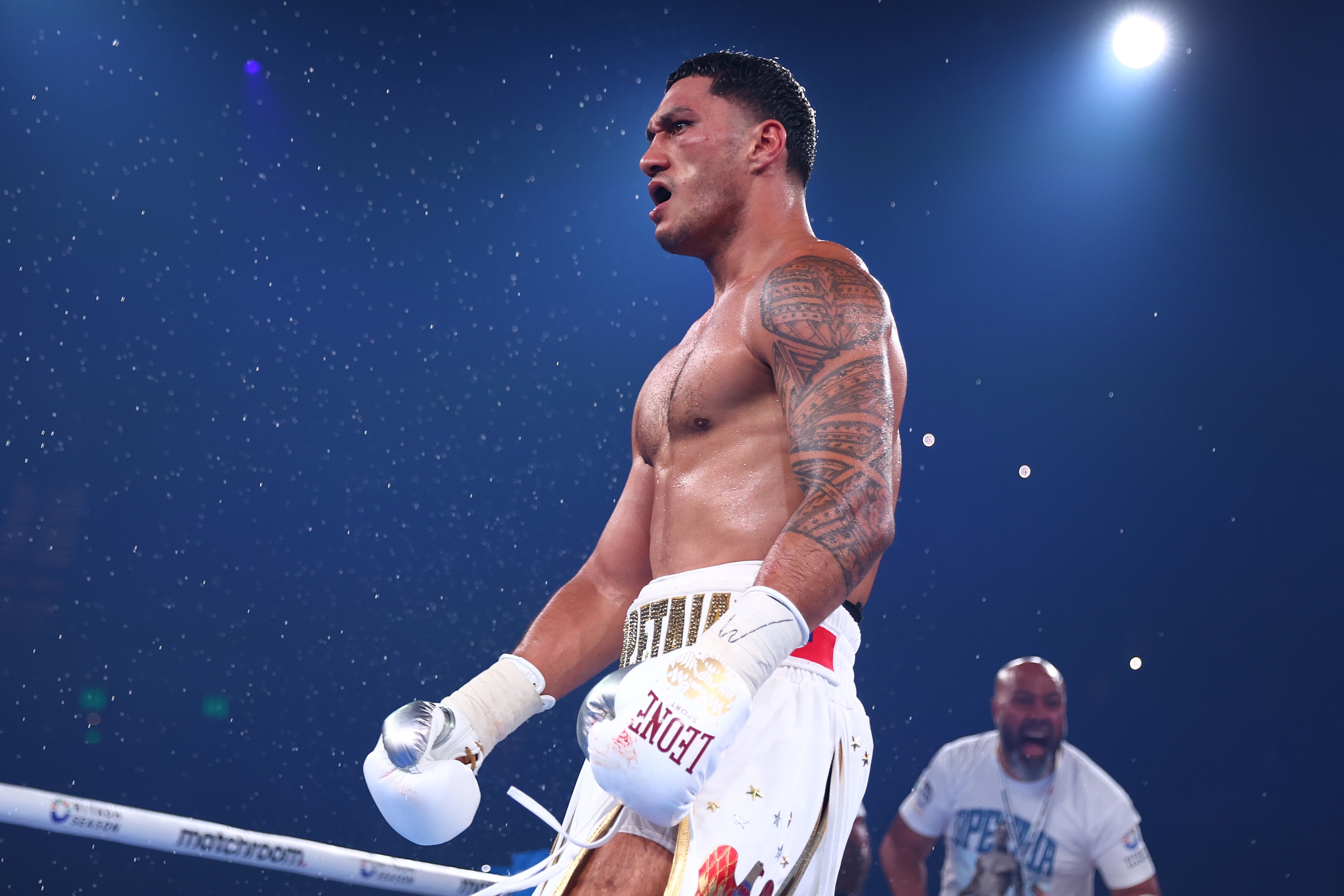 GOLD COAST, AUSTRALIA - JANUARY 08: Jai Opetaia celebrates winning against David Nyika during the IBF And Ring Magazine Cruiserweight World Title Fight between Jai Opetaia and David Nyika at the Gold Coast Convention Centre on January 08, 2025 in Gold Coast, Australia. (Photo by Chris Hyde/Getty Images)