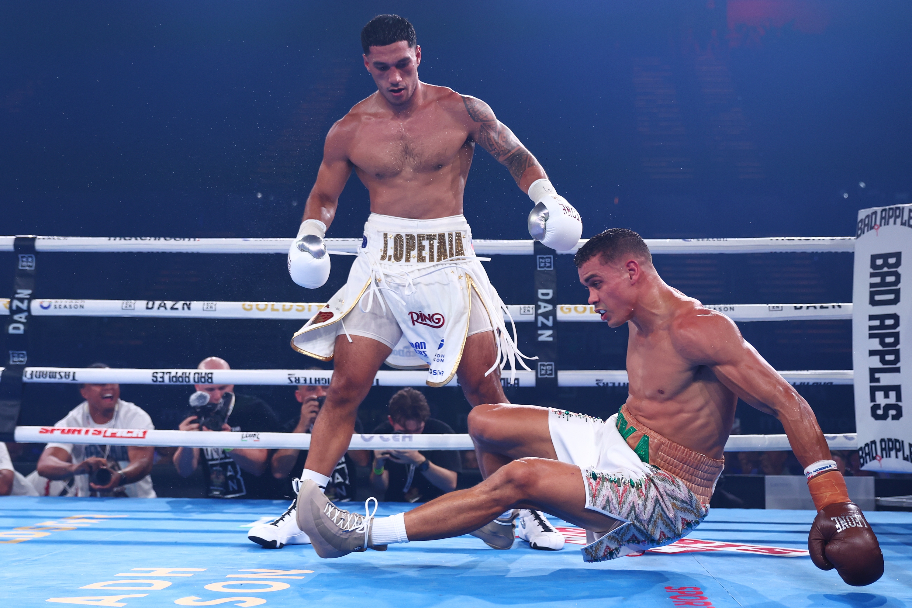 GOLD COAST, AUSTRALIA - JANUARY 08: Jai Opetaia knocks down David Nyika during the IBF And Ring Magazine Cruiserweight World Title Fight between Jai Opetaia and David Nyika at the Gold Coast Convention Centre on January 08, 2025 in Gold Coast, Australia. (Photo by Chris Hyde/Getty Images)