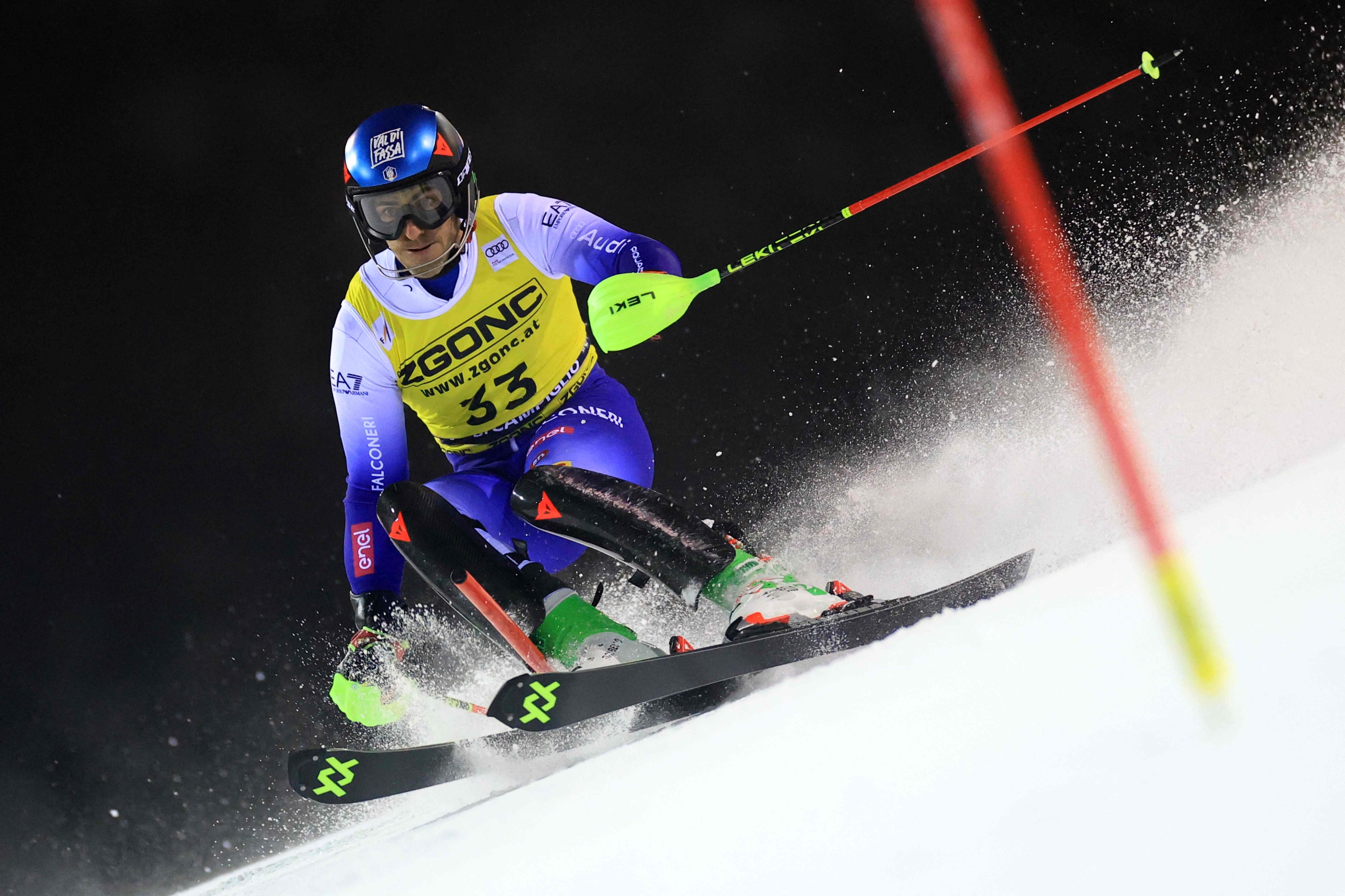 Italy's Stefano Gross competes in the first run of the men's Slalom at the FIS Alpine Ski World Cup, in Madonna di Campiglio on January 8, 2025. (Photo by Pierre TEYSSOT / AFP)