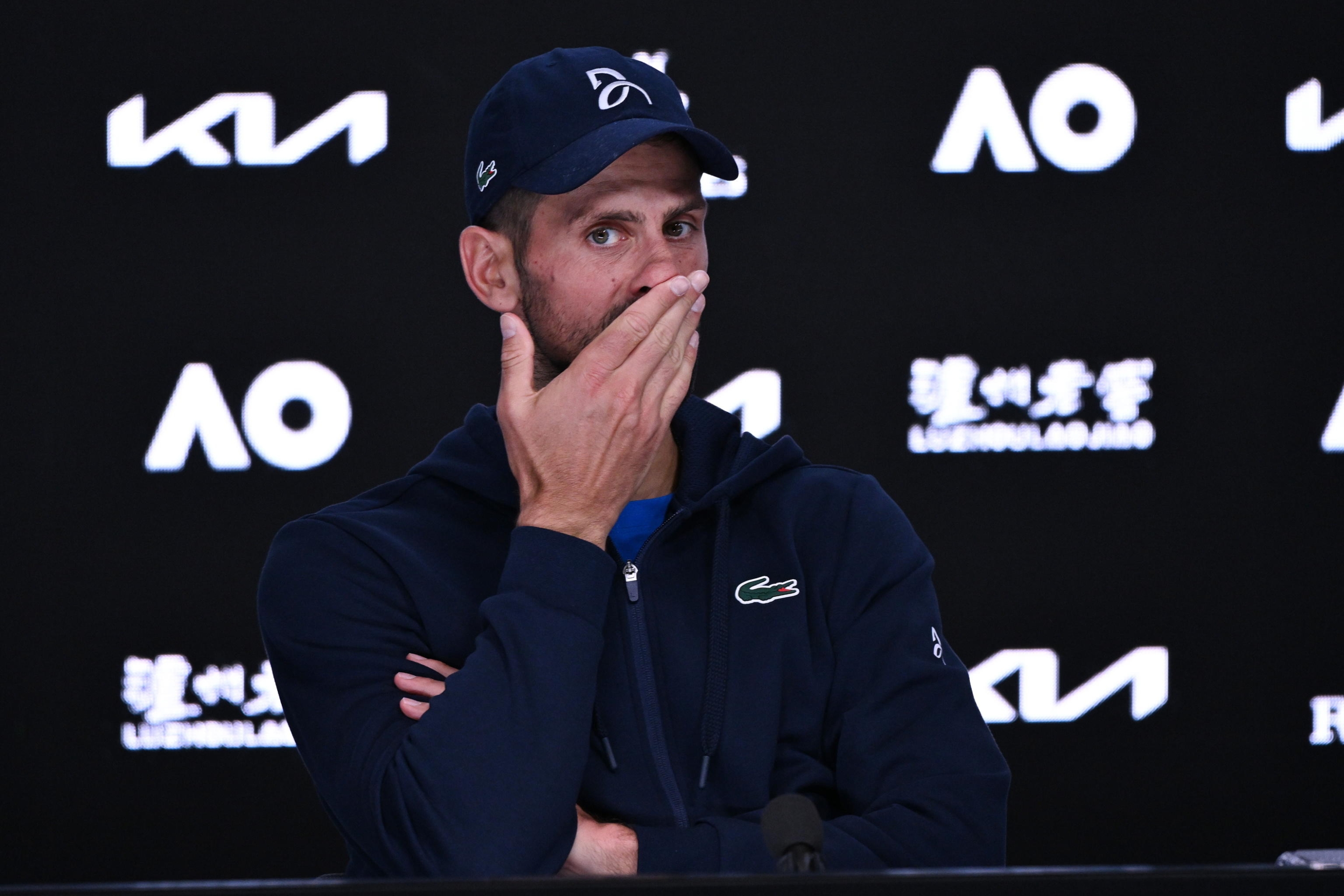 epa11848985 Novak Djokovic of Serbia talks to the media after retiring from his semifinal match against Alexander Zverev of Germany during the Australian Open at Melbourne Park in Melbourne, Australia 24 January 2025.  EPA/JAMES ROSS AUSTRALIA AND NEW ZEALAND OUT