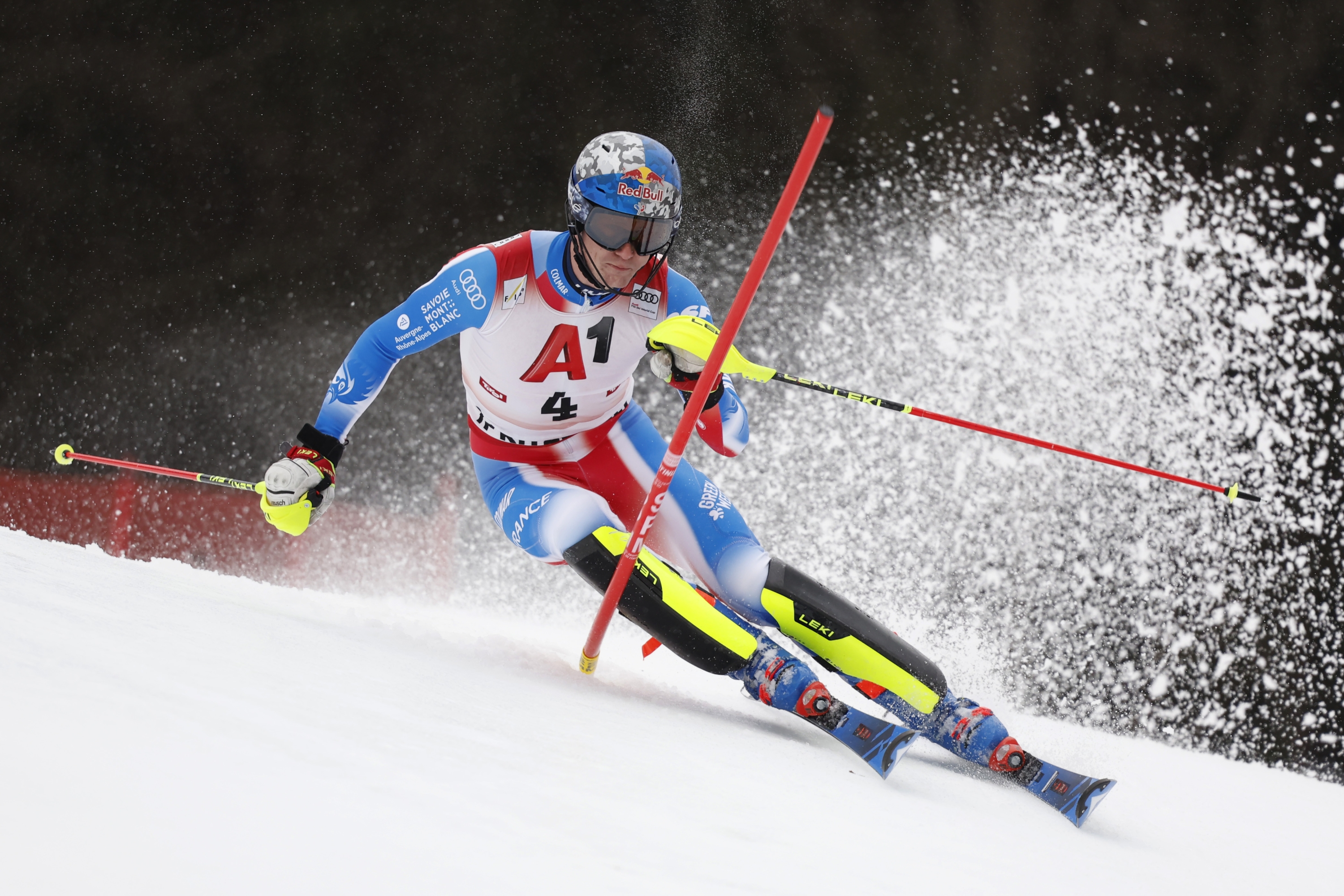 KITZBUEHEL, AUSTRIA - JANUARY 26: Clement Noel of Team France in action during the Audi FIS Alpine Ski World Cup Men's Slalom on January 26, 2025 in Kitzbuehel, Austria. (Photo by Alexis Boichard/Agence Zoom/Getty Images)