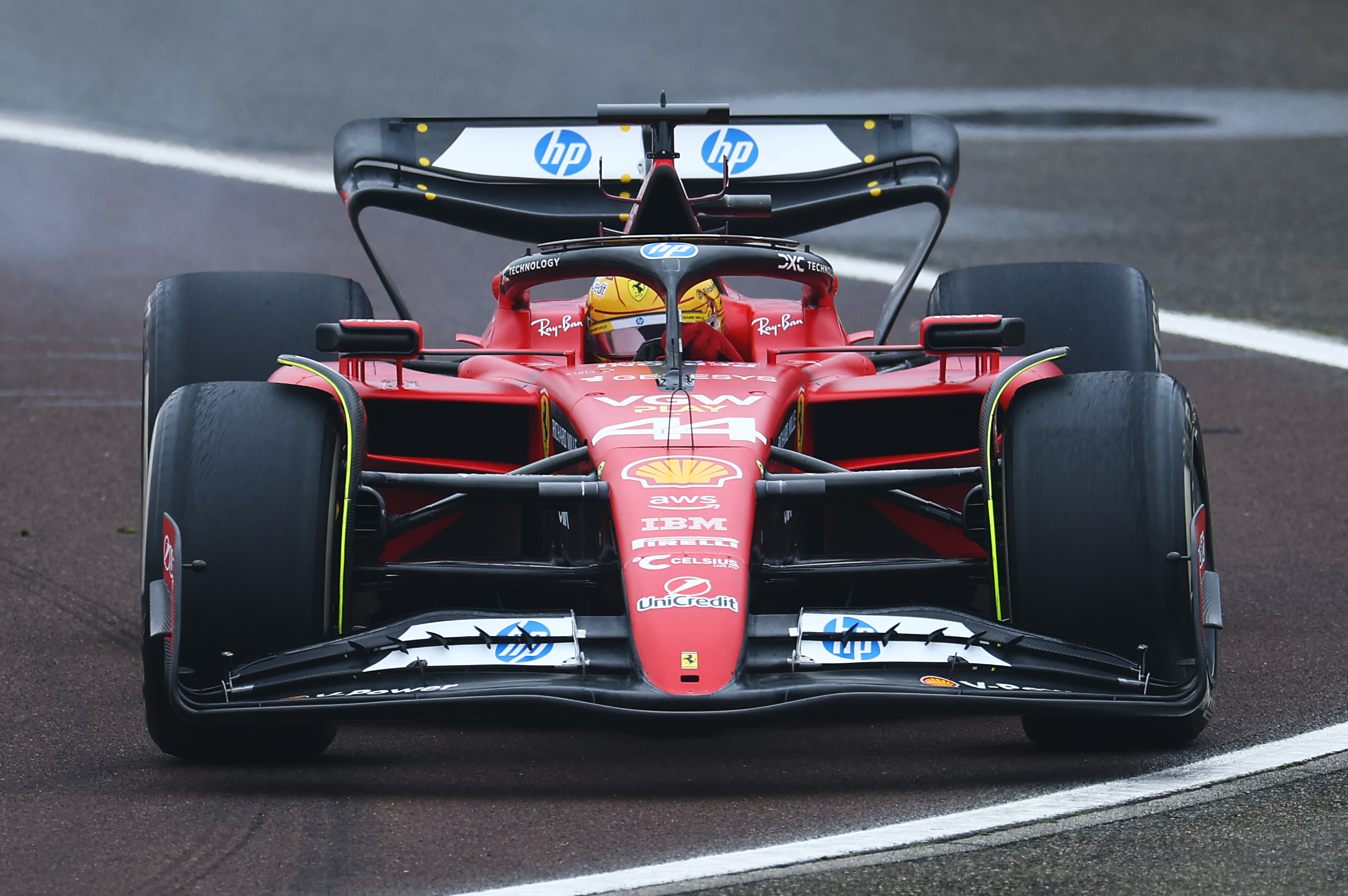 FIORANO MODENESE, ITALY - JANUARY 22: Lewis Hamilton of Great Britain driving the (44) Ferrari SF-23 on track during his first official days as a Scuderia Ferrari F1 driver at Fiorano Circuit on January 22, 2025 in Fiorano Modenese, Italy. (Photo by Clive Rose/Getty Images)