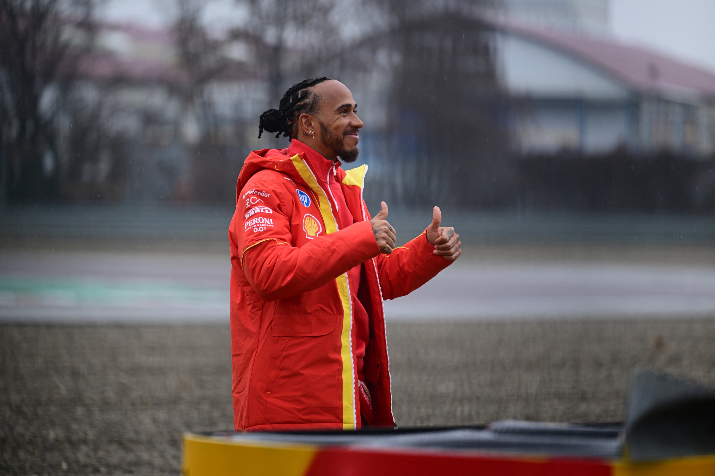 Lewis Hamilton drives a Scuderia Ferrari car for the first time at Circuito di Fiorano in Fiorano Modenese, Italy, on January 22, 2025. (Photo by Andrea Diodato/NurPhoto) (Photo by Andrea Diodato / NurPhoto / NurPhoto via AFP)